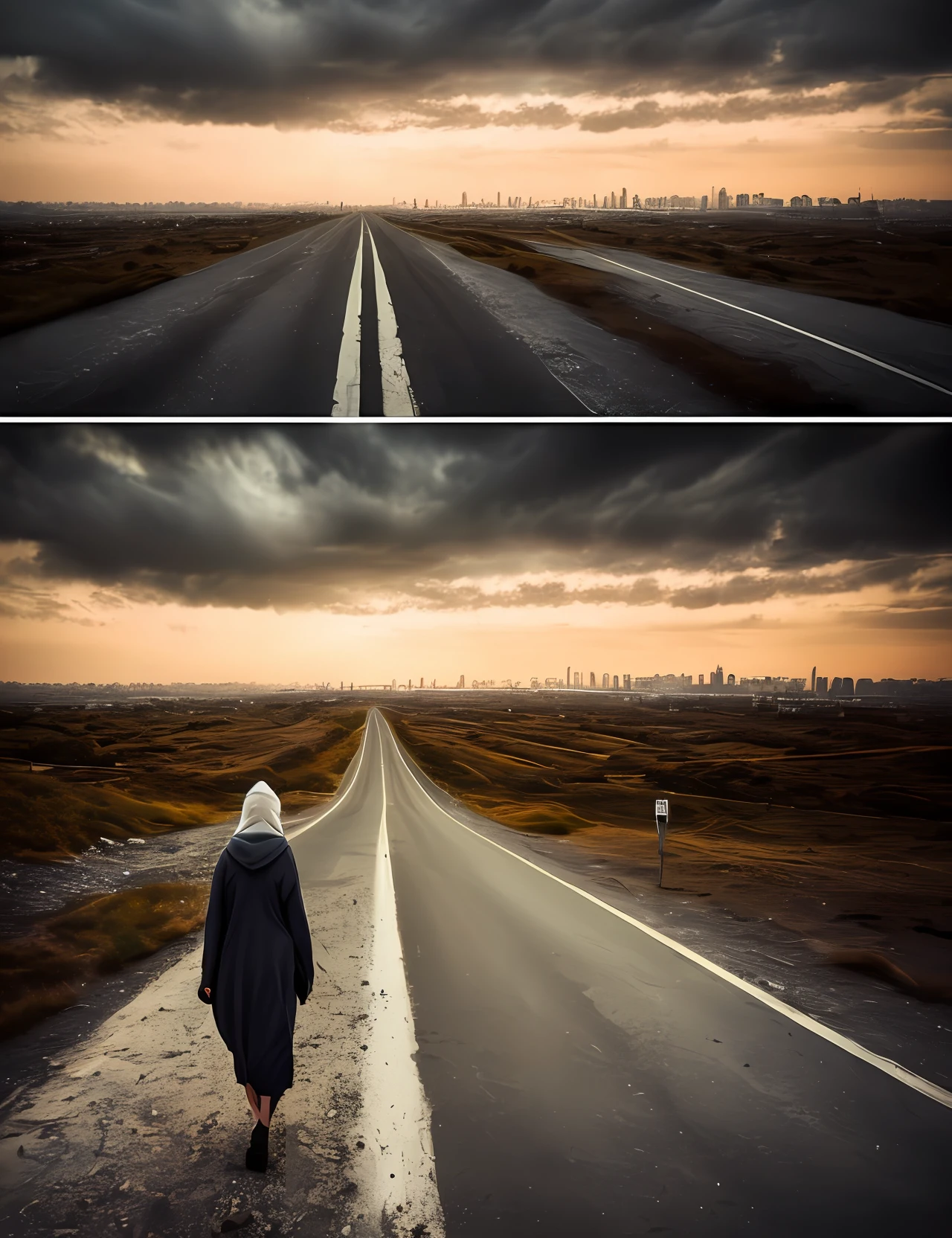 a desolate cityscape with a sole surviving girl as the protagonist walking on a destroyed motorway towards ruins of a massive post-apocalyptic city on the horizon, (dark shot:1.1), epic realistic, 1girl, wearing hooded robe, full body, (masterpiece, best quality, ultra-detailed, best shadow), full body, perfect anatomy, centered, dynamic, highly detailed, illustration, The sky is filled with ominous dark clouds, (hdr:1.4), (muted colors:1.2), cinematic, dramatic light, (intricate details:1.1), from behind, ultra wide angle