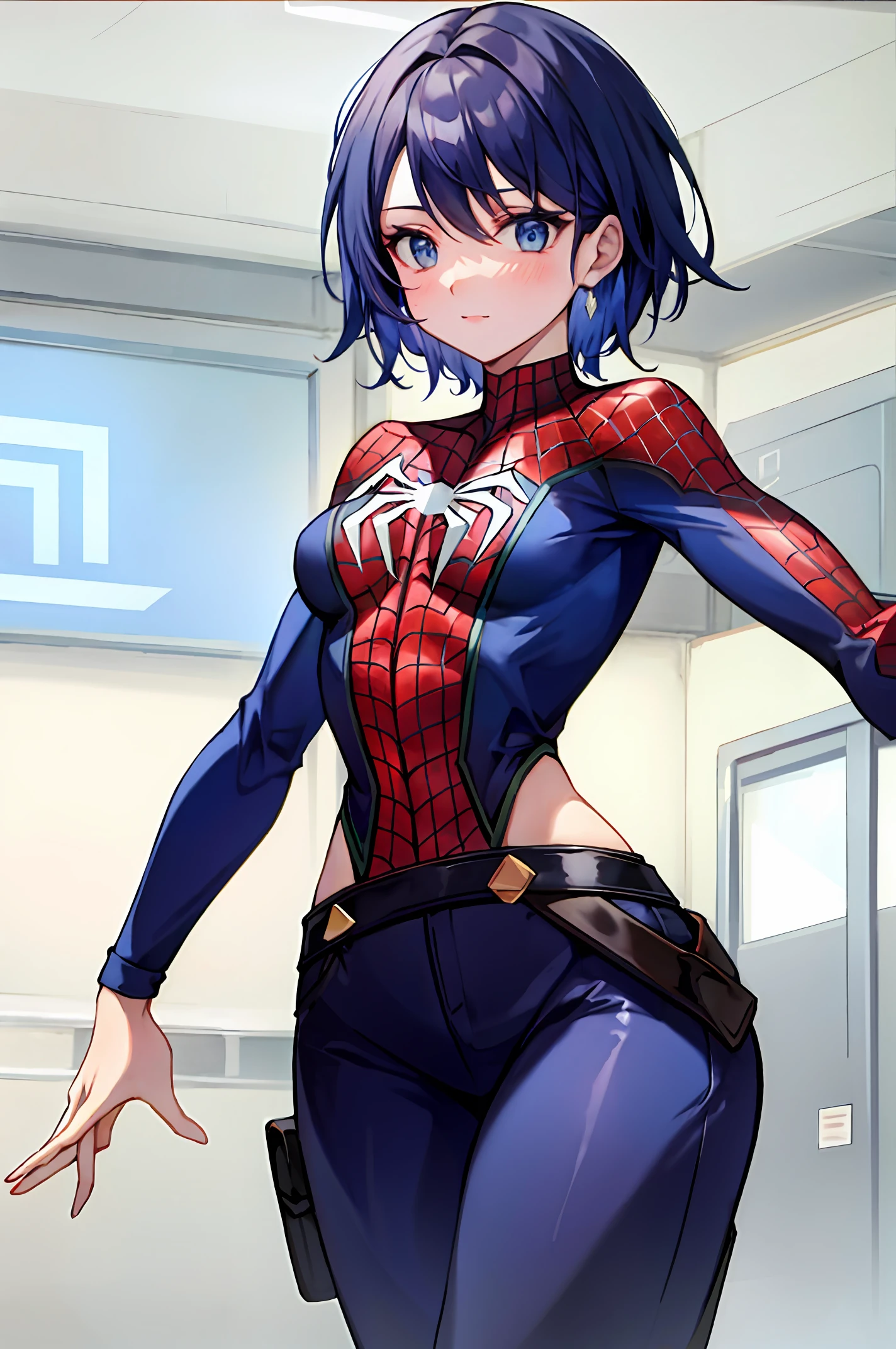 Beautiful woman detailed defined body using spider man cosplay, small breasts