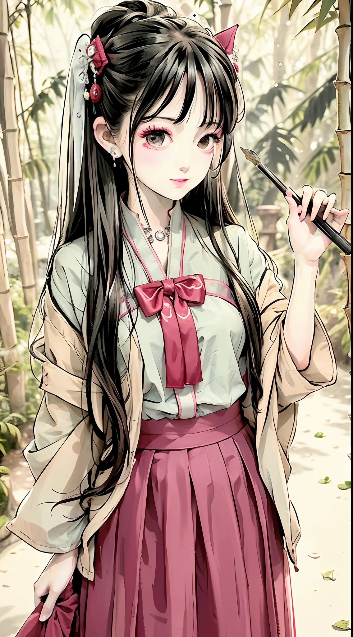 tmasterpiece,4k,ultra detali,1girl,young woman of 20 years,exquisite facial features,s the perfect face,ssmile,light make-up,Hanfu,long skirt,Skirt,bamboo forrest,ink wash style,Astringent