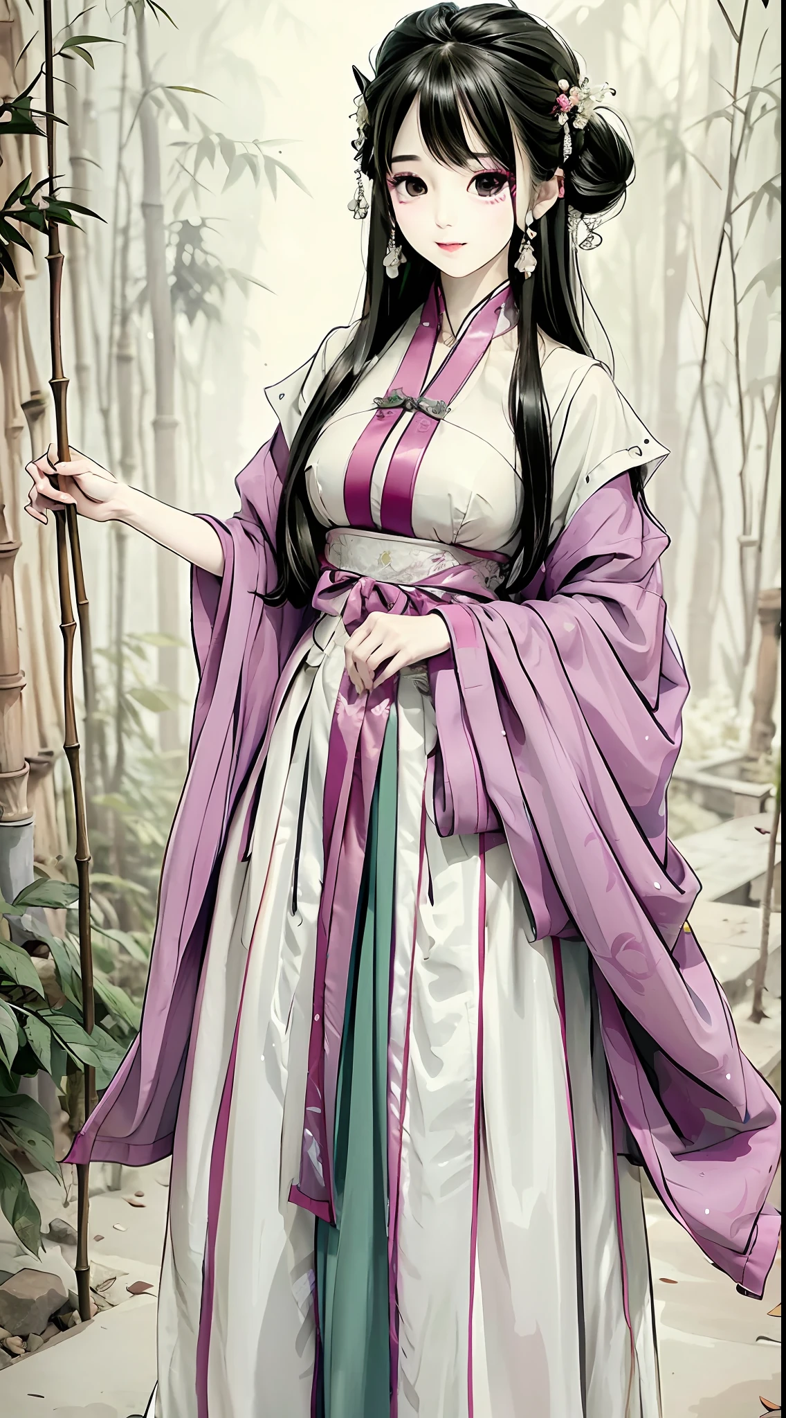 tmasterpiece，4k，ultra detali，1girl，young woman of 20 years，exquisite facial features，s the perfect face，ssmile，light make-up，Hanfu，long  skirt，Skirt，bamboo forrest，ink wash style，Astringent