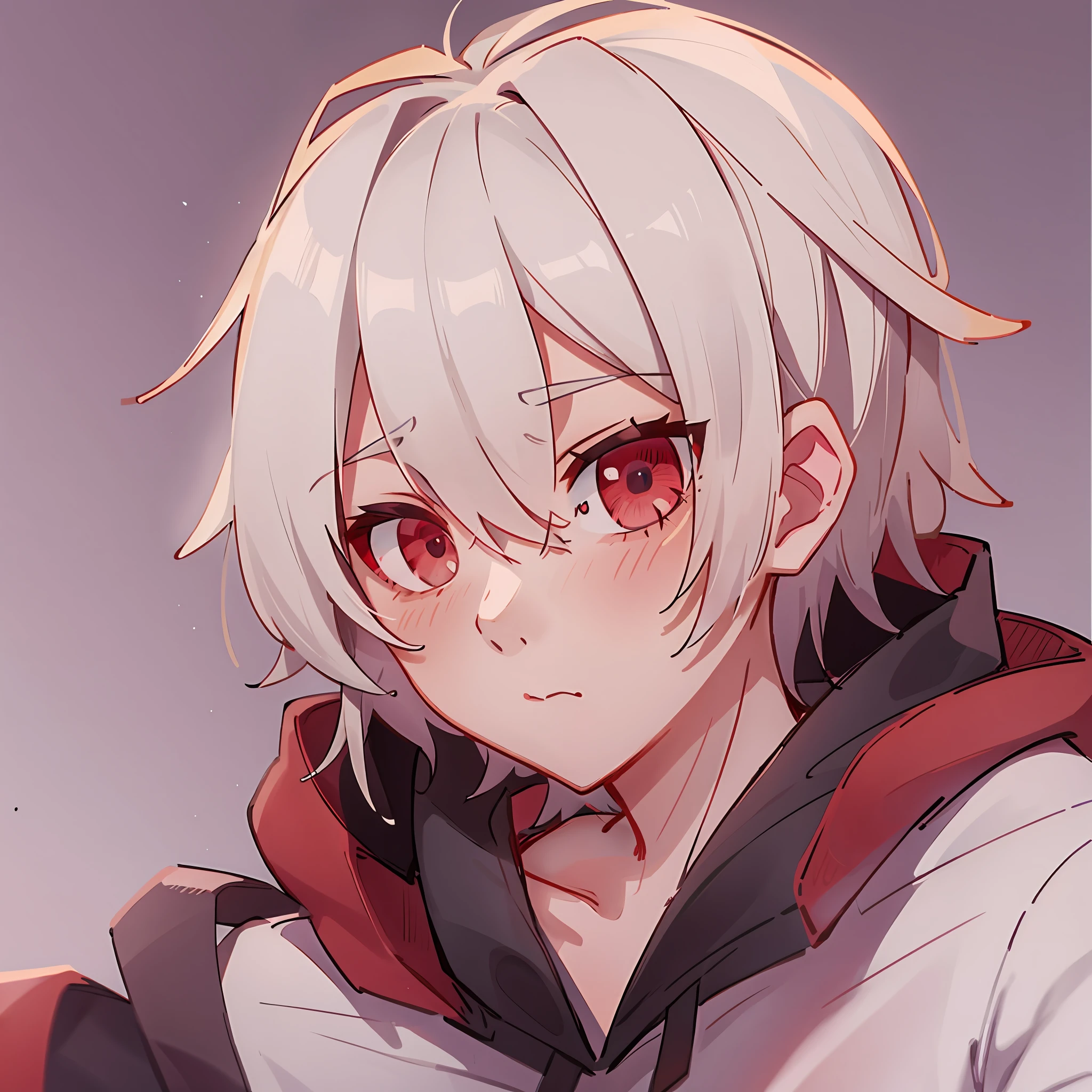 Anime boys,White hair,Red eyes staring at the camera,luminous red eyes,Wear a white hooded sweatshirt,gentleness,with black background
