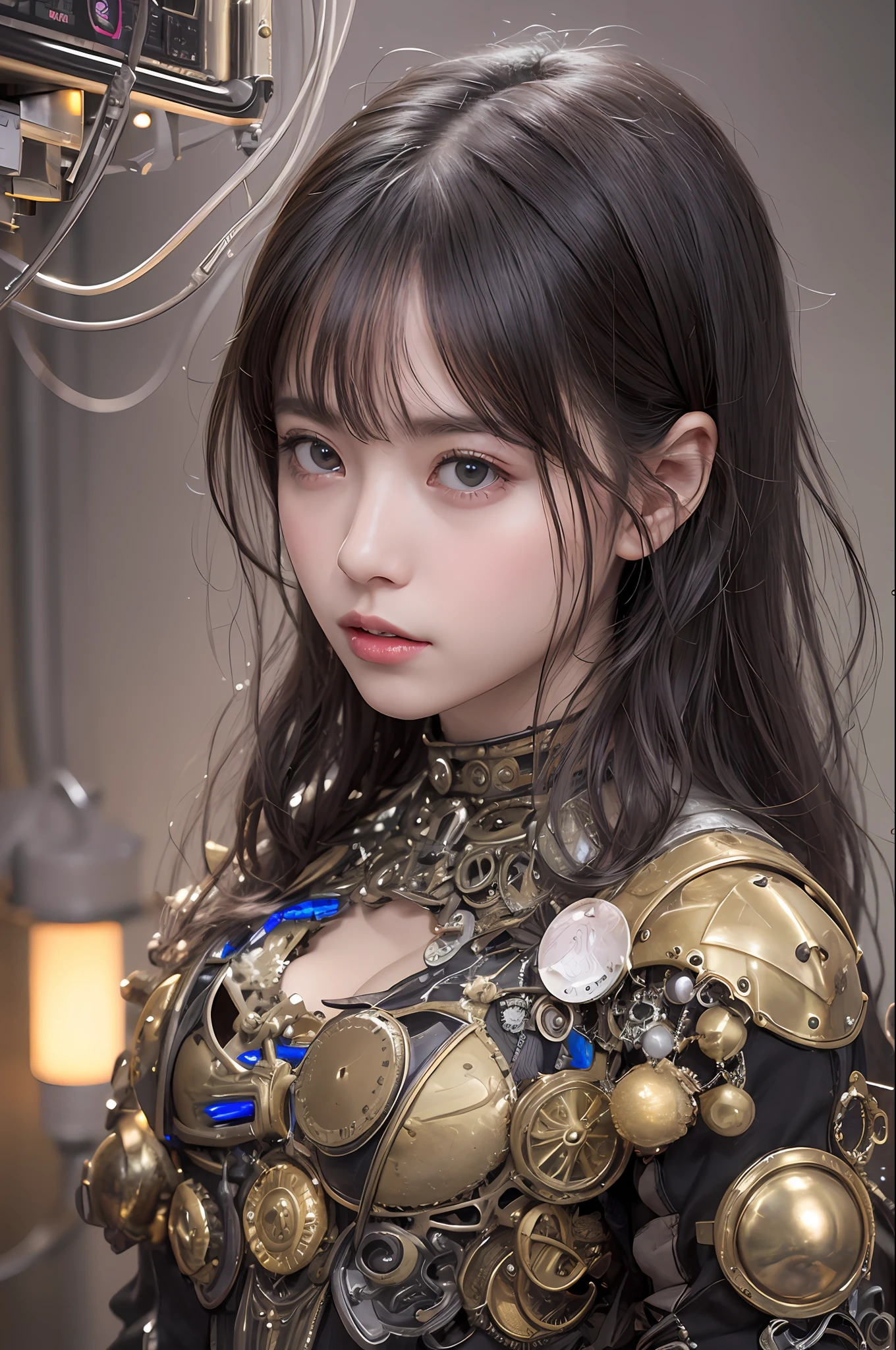 beste-Qualit、​masterpiece、Super-High Resolution、(photorealisitc:1.4)、Raw photo、女の子1人、Black hair、glowy skin、Sexy Steampunk Girl、((Ultra Realistic Detail))、portlate、Global Illumination、Shadow、octan render、in 8K、ultrasharp、hugetits、Raw skin is exposed in cleavage、Details of complex ornaments、Gothloli details、Glass Parts、Glass Tube、Glass cover、Luminous tube、Nixie Kan、vacuum tubes、Analog Meter、Golden hydraulic cylinder、highly intricate detail、Realistic light、CGSoation Trends、purple-eyed、radiant eyes、Facing the camera、neon details、Mechanical limbs、blood vessels connected to tubes、Mechanical vertebrae attached to the back、mechanical cervical attaching to neck、sitting on、Wires and cables connecting to the head、Small LED lamp、