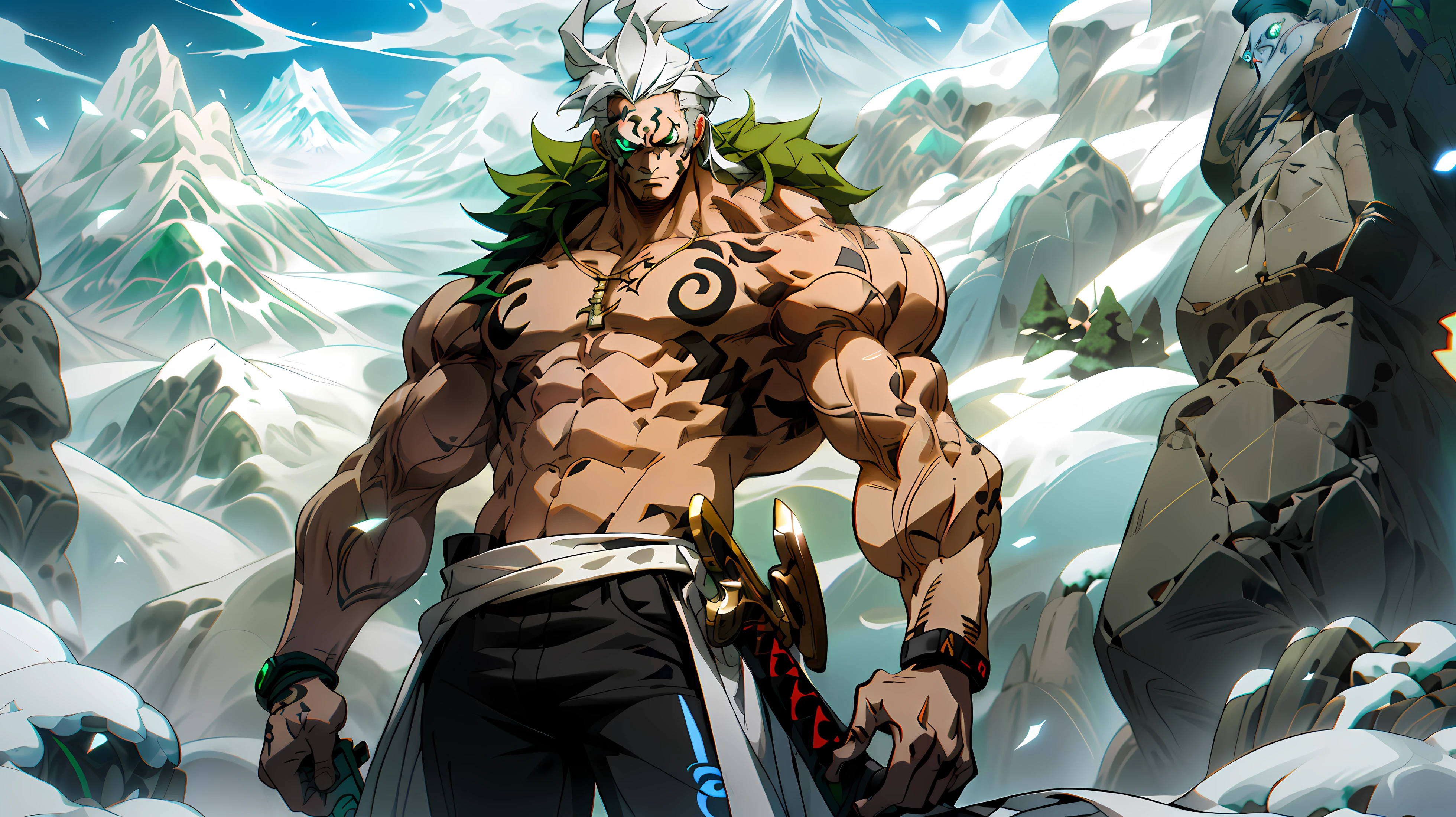 （Ultra-high resolution 8k1.3）A muscular man Black totem tattoo White hair Black pants White skin Superb face Green pupils Impeccable facial features Holding a long sword Upper body bare Standing in front of the top of the mountain