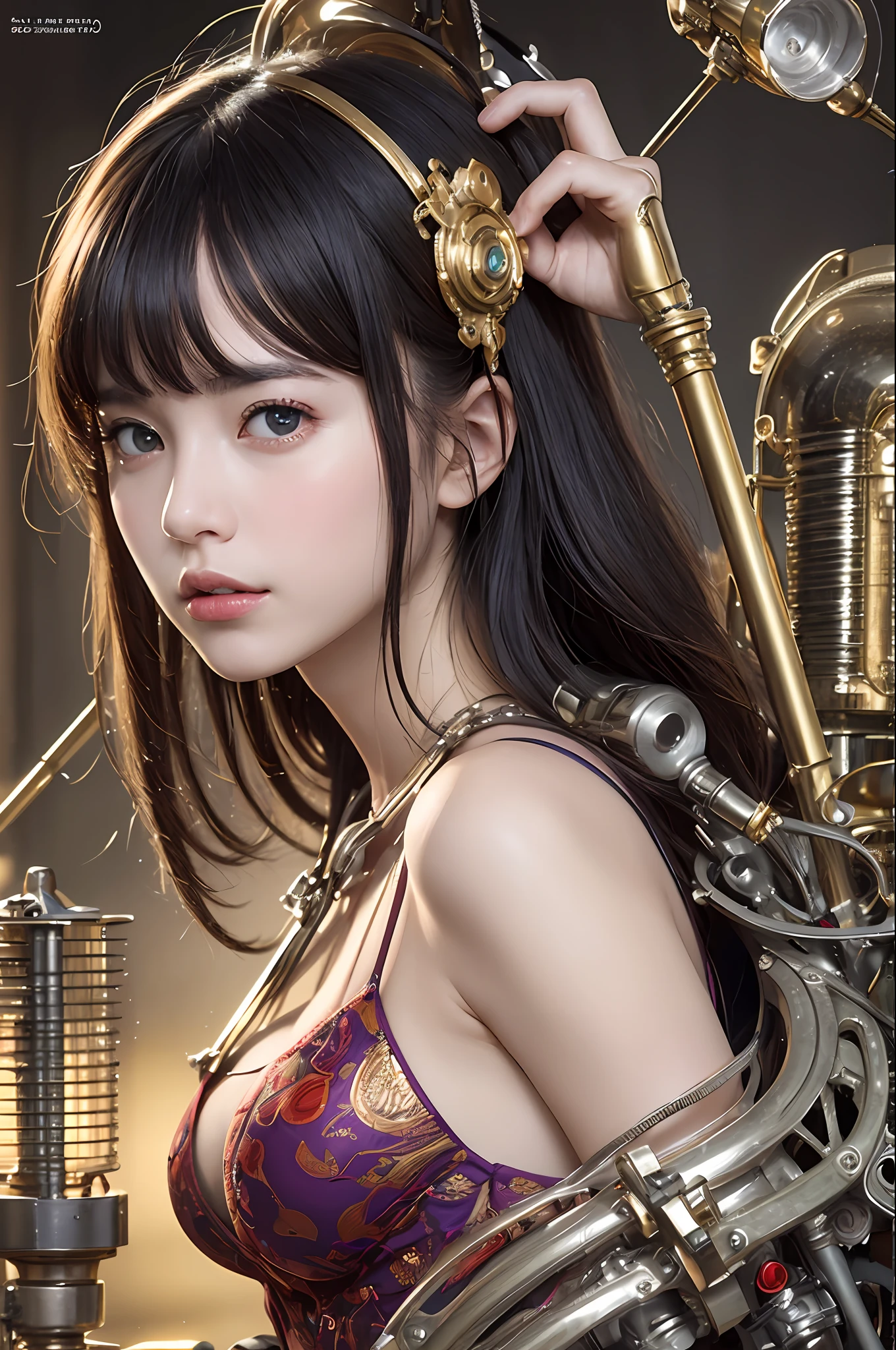 beste-Qualit、​masterpiece、Super-High Resolution、(photorealisitc:1.4)、Raw photo、女の子1人、Black hair、glowy skin、Sexy Steampunk Girl、((Ultra Realistic Detail))、portlate、Global Illumination、Shadow、octan render、in 8K、ultrasharp、hugetits、Raw skin is exposed in cleavage、Details of complex ornaments、Gothloli details、Glass Parts、Glass Tube、Glass cover、Luminous tube、Nixie Kan、vacuum tubes、Analog Meter、Golden hydraulic cylinder、highly intricate detail、Realistic light、CGSoation Trends、purple-eyed、radiant eyes、Facing the camera、neon details、Mechanical limbs、blood vessels connected to tubes、Mechanical vertebrae attached to the back、mechanical cervical attaching to neck、sitting on、Wires and cables connecting to the head、Small LED lamp、