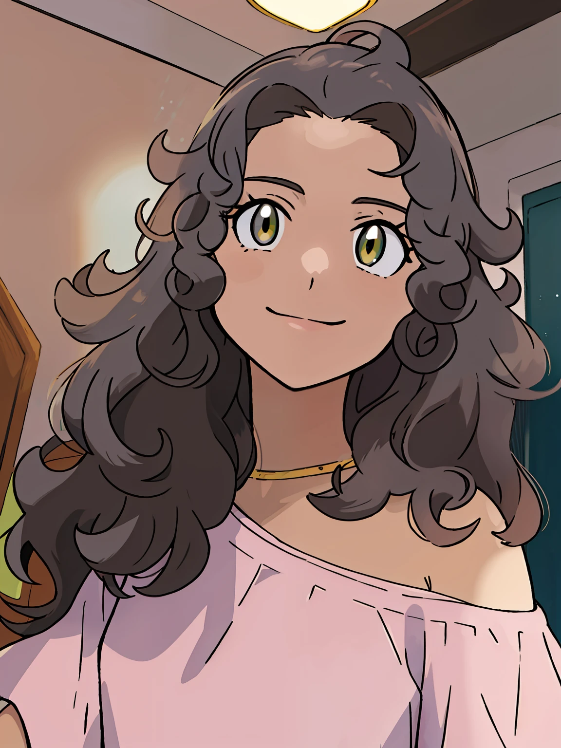 "A beautiful curly-haired smiling Pokémon trainer, cabelo preto, olhos escuros, anime style in Ken Sugimori, depicted in a high-quality illustration with a touch of anime."