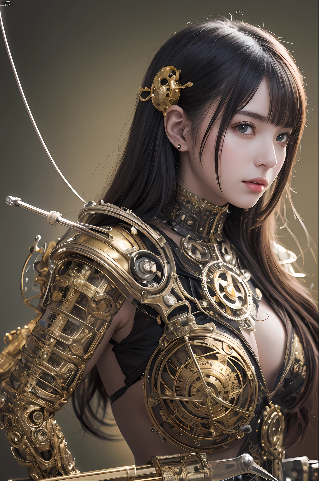 beste-Qualit、​masterpiece、Super-High Resolution、(photorealisitc:1.4)、Raw photo、女の子1人、Black hair、glowy skin、Sexy Steampunk Girl、((Ultra Realistic Detail))、portlate、Global Illumination、Shadow、octan render、in 8K、ultrasharp、hugetits、Raw skin is exposed in cleavage、Details of complex ornaments、Gothloli details、Glass Parts、Glass Tube、Glass cover、Luminous tube、Nixie Kan、vacuum tubes、Analog Meter、Golden hydraulic cylinder、highly intricate detail、Realistic light、CGSoation Trends、purple-eyed、radiant eyes、Facing the camera、neon details、Mechanical limbs、blood vessels connected to tubes、Mechanical vertebrae attached to the back、mechanical cervical attaching to neck、sitting on、Wires and cables connecting to the head、Small LED lamp、