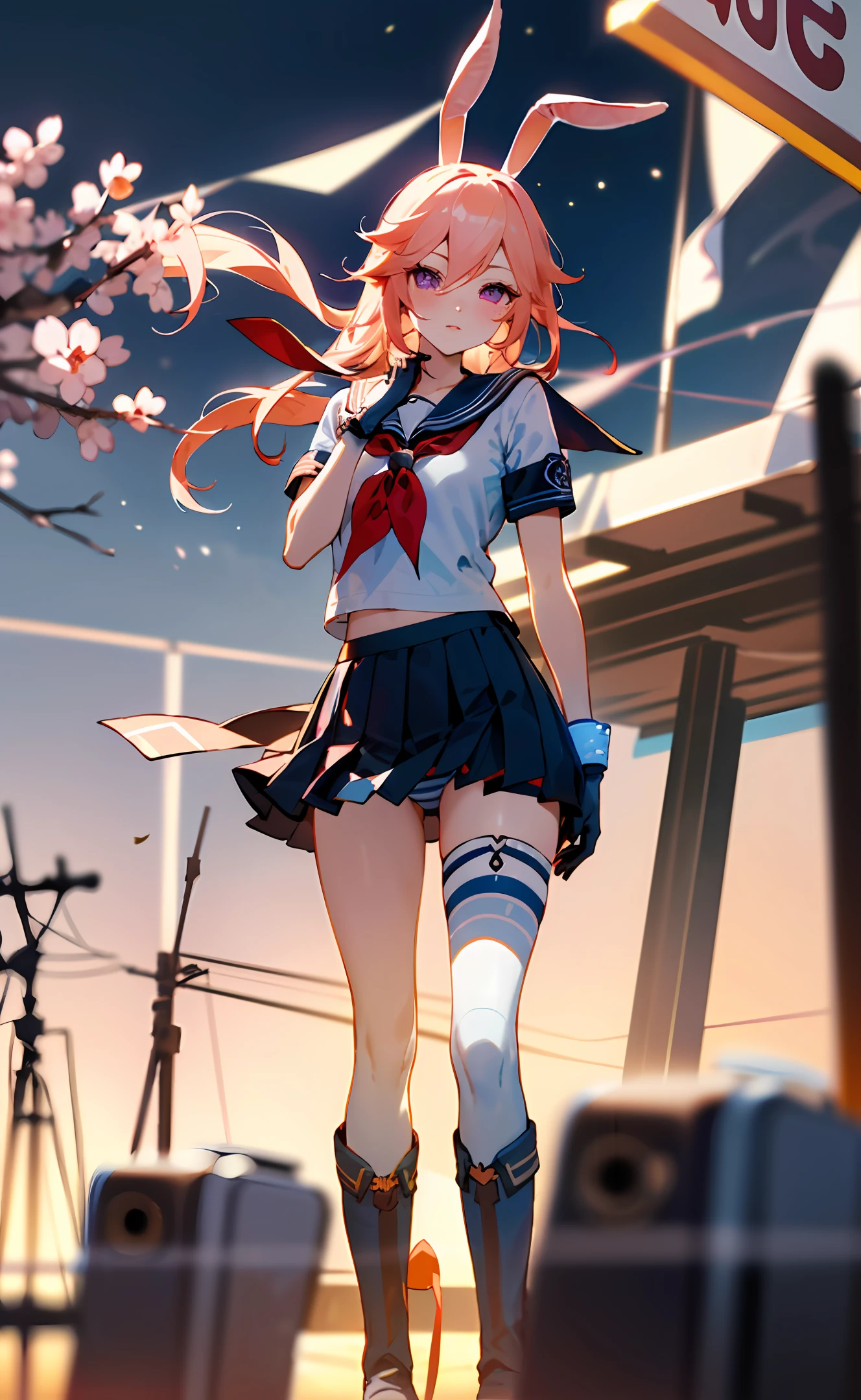 realistic, ultra high resolution, best quality, masterpiece, extremely delicate and beautiful girl, purple eyes, looking at viewer, slender legs, blushing, shy, (urban space, night, cinematic lighting), ((sailor collar, top short, neckerchief), microskirt, pleated skirt, high-leg panties, striped thigh-highs, rabbit ears, elbow-length gloves, boots, crotch point of view, focus on thigh)), (YaeMiko, yae sakura : 1.3), (photorealistic: 1.4), (ulzzang-6500-v1. 1:0.66),