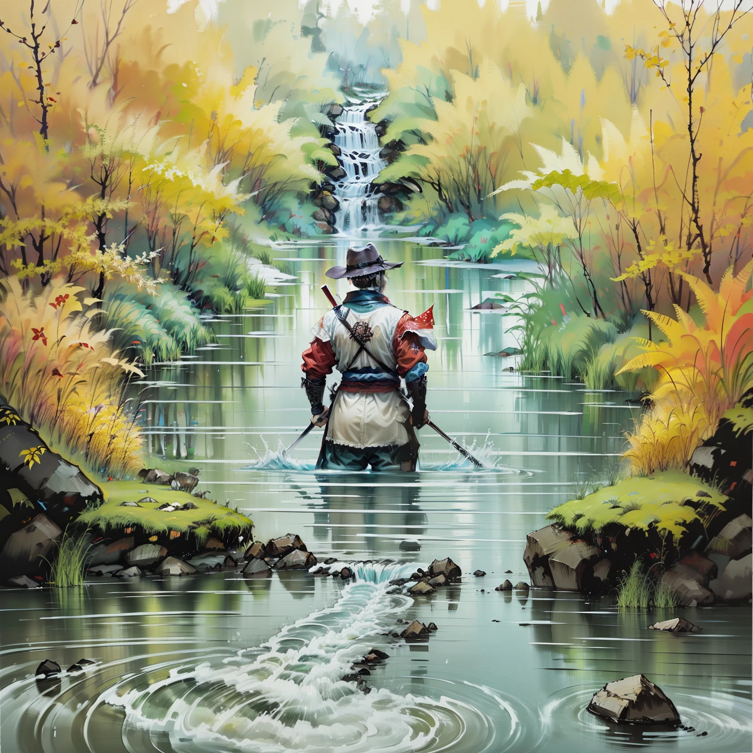 (melhor qualidade, obra-prima),(guerreiro samurai) em (primeiro plano), (cachoeira) em (segundo plano), (cena noturna), (Flowing Water), (texture oil painting), (foco na figura)
