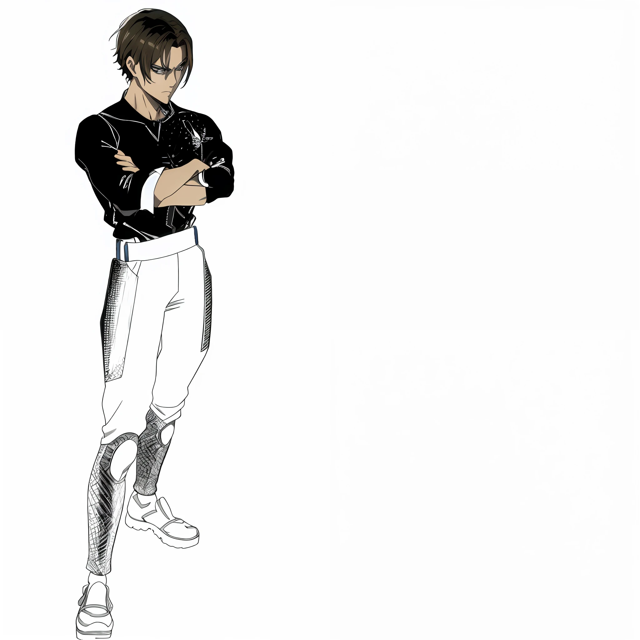 anime character with arms crossed standing in front of blue background, Personagem conceito, official character illustration, Katiane Jhonson Manga Style, linhas de contorno grossas, pose de anime bonito, lifelike lighting, postura de luta, standing elegant pose, arte oficial do personagem katian Jhonson