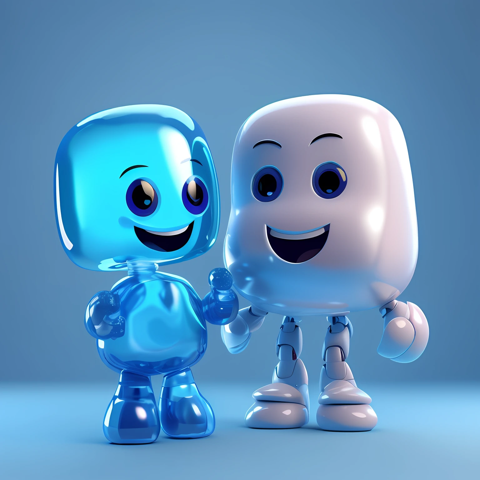there is a blue robot and a white robot standing next to each other, cute 3 d render, adorable friendly robot, friendly robot, 3d characters, cute humanoid robot, friendly humanoid robot, friendly humanoid cyber robot, happy robot, smooth 3d illustration, smooth 3d illustration, cute robot, smooth 3d cg render, Cute! c4d --auto