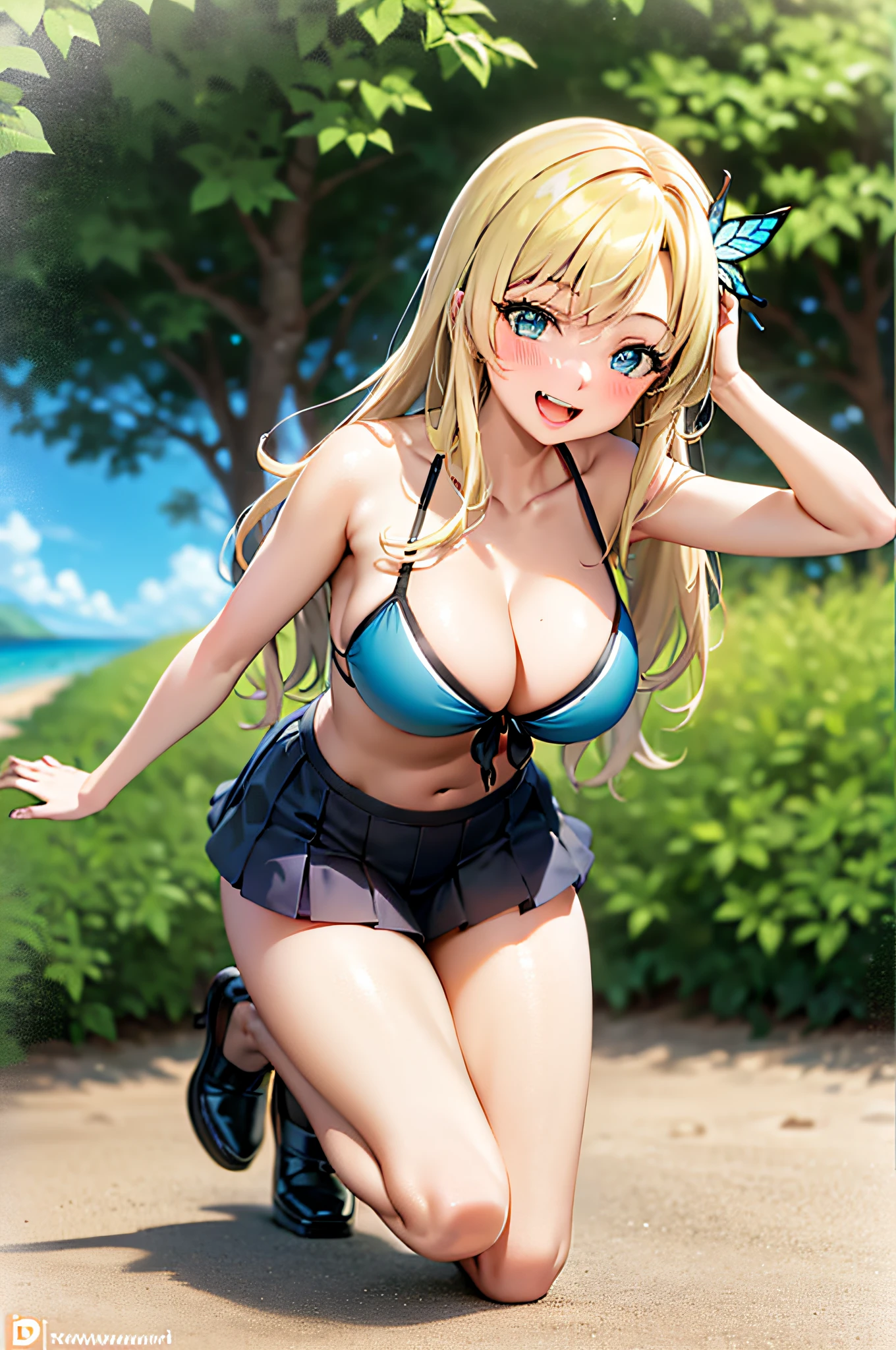 (best quality:1.1), (masterpiece:1.4), (absurdres:1.0), full body, dynamic pose,
1girl, kashiwazaki sena, butterfly_hair_ornament, blonde_hair, long hair, Bikini, large breasts, looking at viewer, beach, laughing, open_mouth, (blush:1.2), happy, cleavage,