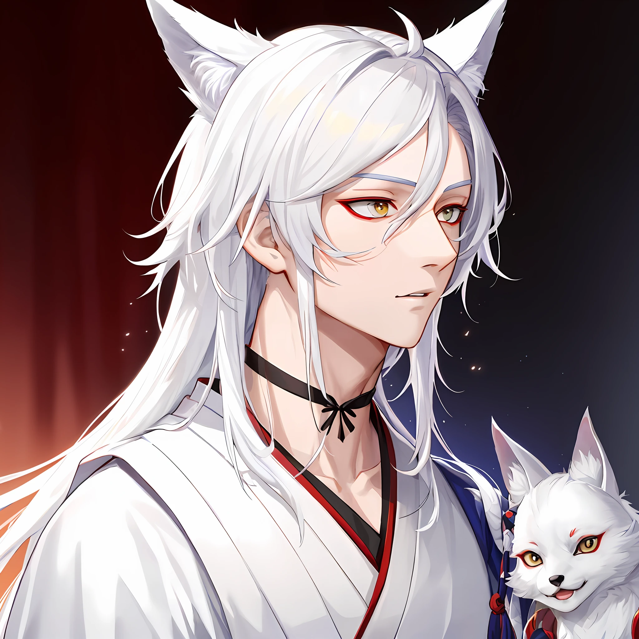 There is a man with white hair and cat ears, White-haired fox, inspired by Bian Shoumin, onmyoji, onmyoji portrait, handsome japanese demon boy, fox nobushi, heise jinyao, White fox ears, Cai Xukun's, sakimichan, Onmyoji detailed art, inspired by Hong Ren