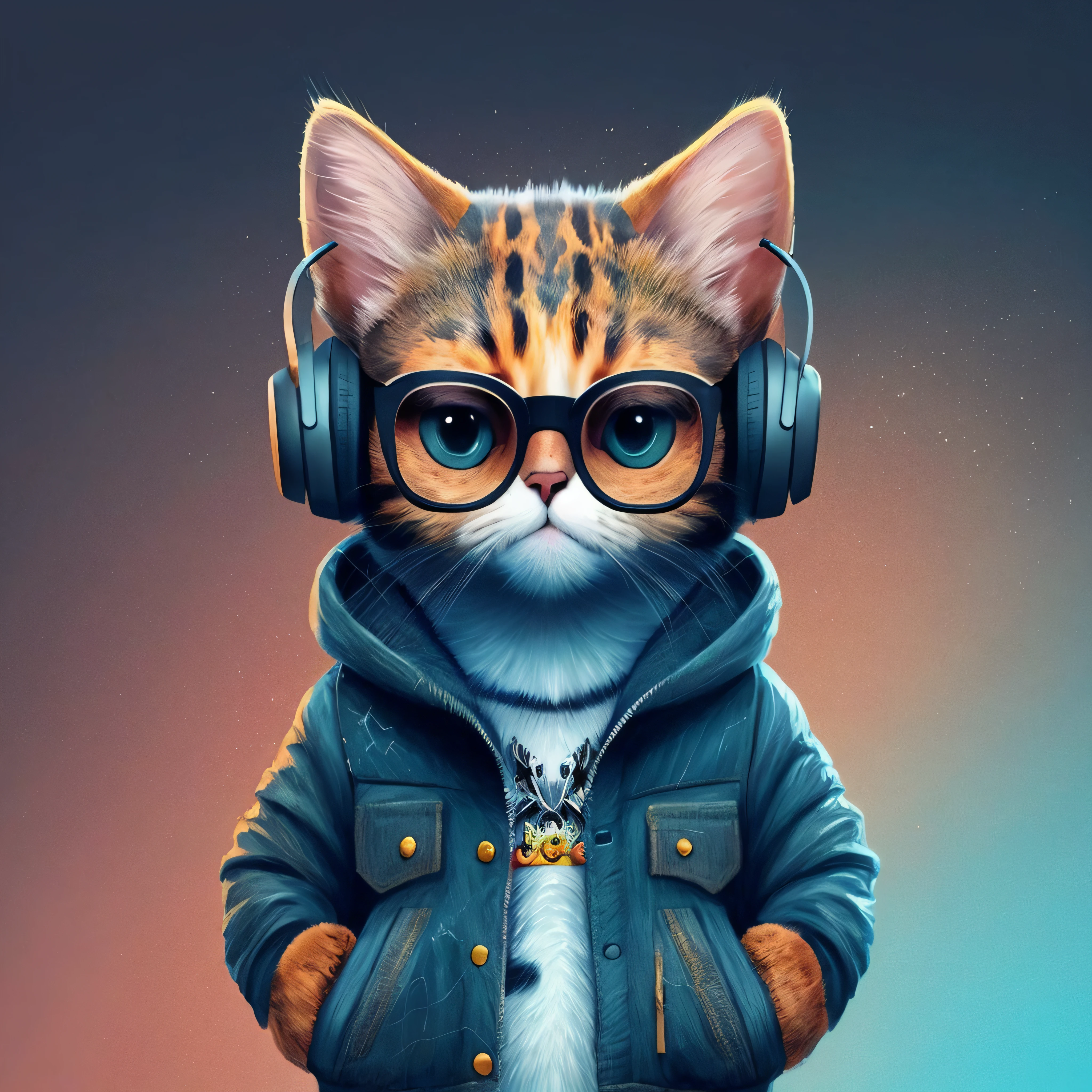 um close up de um gato usando fones de ouvido e uma jaqueta, Beeple e Jeremias Ketner, gato cyberpunk, arte digital detalhada bonito, retrato de alta qualidade, arte digital bonito, olhando heckin legal e elegante, painting digital adorable, artista peludo, anthropomorphic cat, design do gato, foto de perfil 1024px, Cybercat, Arte peluda, arte fofa