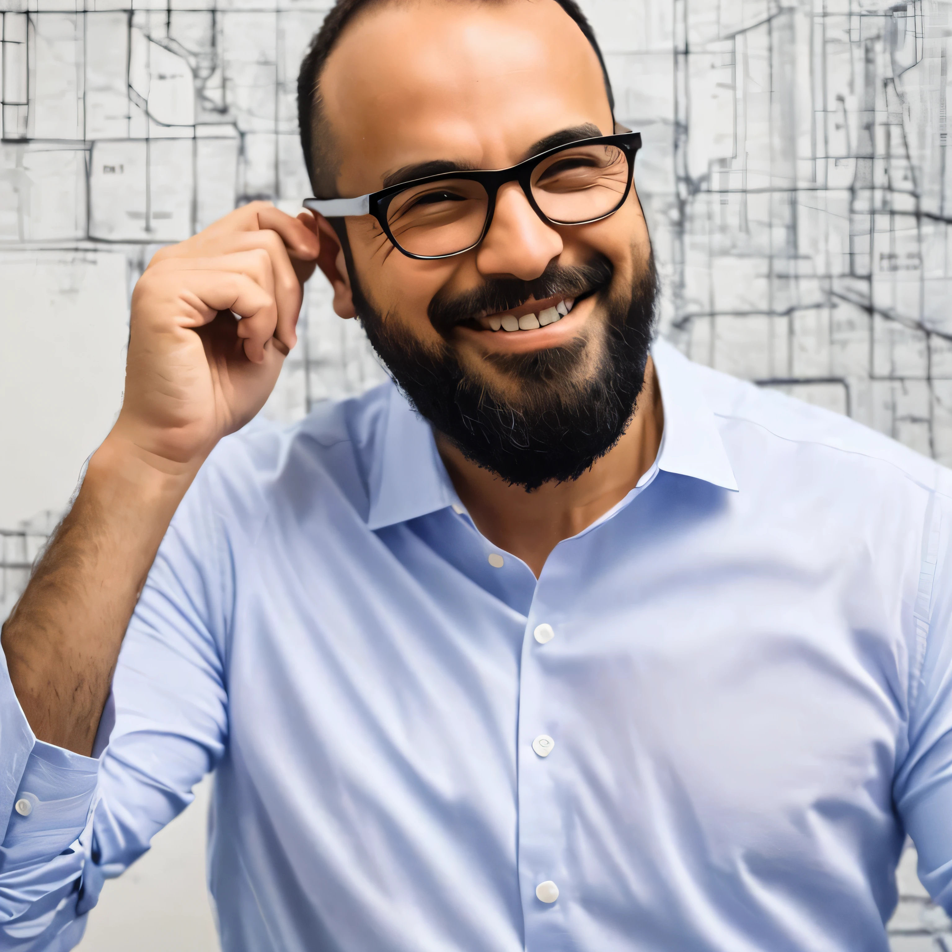 smiling man in glasses with a beard and a blue shirt, man with glasses, advertising photo, brincando de camisa rindo, Macho sorridente, homem sorridente, In the background, foto retrato, arquiteto, Tecnologia, foto comercial, foto de retrato, mutahar rindo, foto de retrato detalhada, Retrato no meio da foto, foto de um homem, solid background, fundo interessante