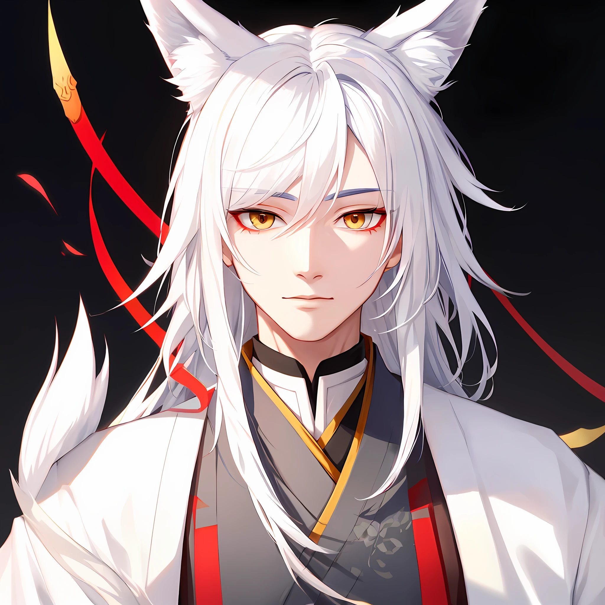 There is a man with white hair and cat ears, White-haired fox, inspired by Bian Shoumin, onmyoji, onmyoji portrait, handsome japanese demon boy, fox nobushi, heise jinyao, White fox ears, Cai Xukun's, sakimichan, Onmyoji detailed art, inspired by Hong Ren