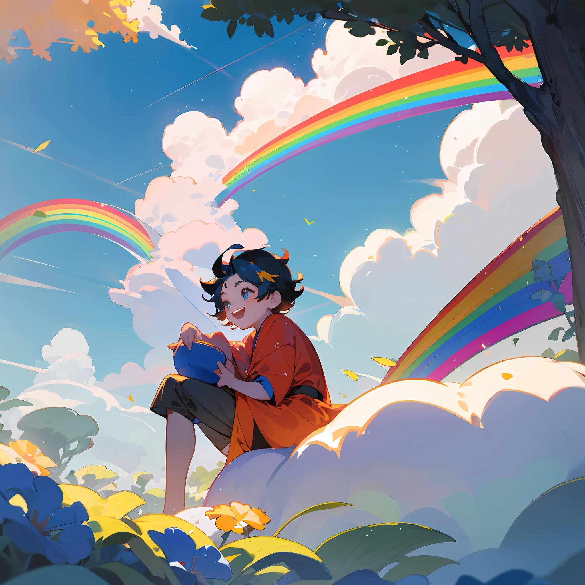 Asia face，A little boy sits on a rainbow in the sky，Colored hair，cheerfulness，fantasy，rays of sunshine，tree shade，Colorful，As estrelas，rainbowing，baiyun，with blue sky and white clouds