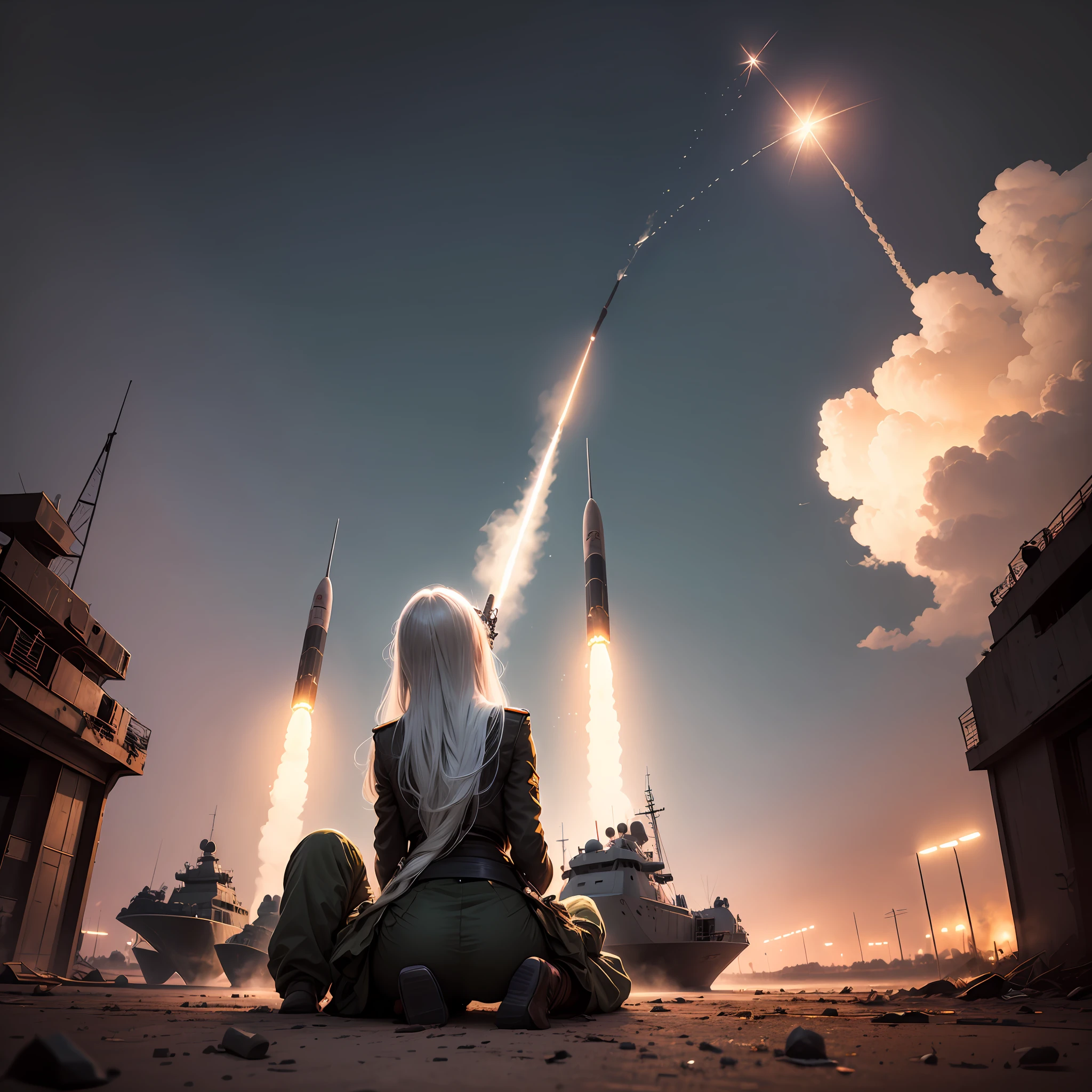 In the dark night, the ground looks up, the back of a woman with long white hair holding her command knife high to the sky, there are warships in the sky, missiles are fired on the ground, anti-aircraft guns are fired --auto