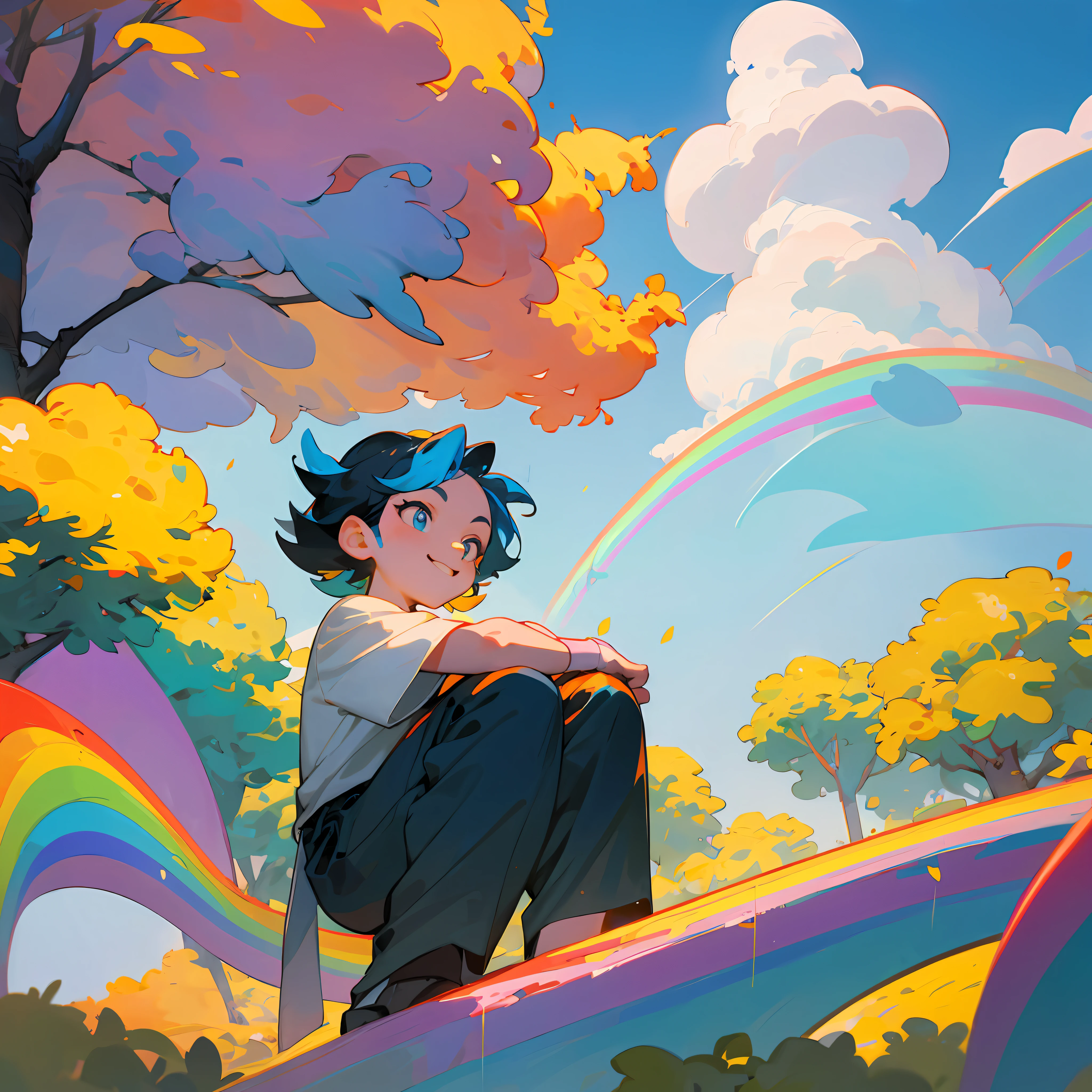 Asia face，A  sits on a rainbow in the sky，Colorful hair，cheerfulness，fantasy，rays of sunshine，tree shade，Colorful，，rainbowing，baiyun，with blue sky and white clouds