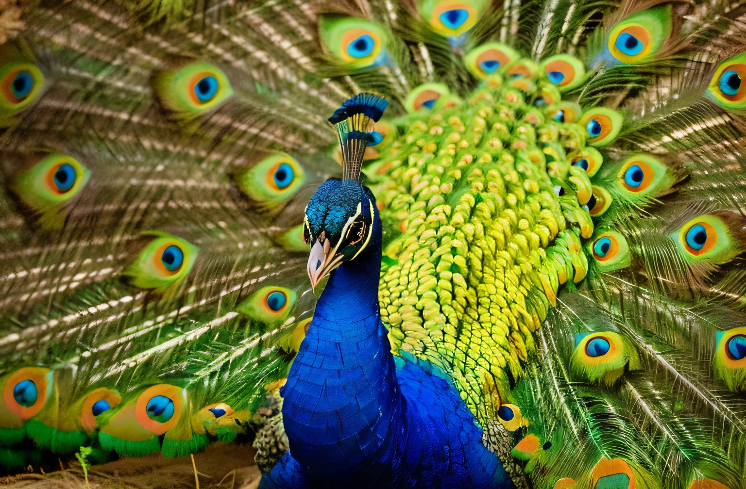 peacock with blue feathers and green tail feathers, plumagem colorida, peacock colors, peacock, peacock in the desert, peacock feathers, bonito e gracioso, peacock. intrincado, detalhes e cores vivas, vivid colors!, 9 peacock tails, 9 brilliant peacock tails, olhar orgulhoso, Penas bonitas