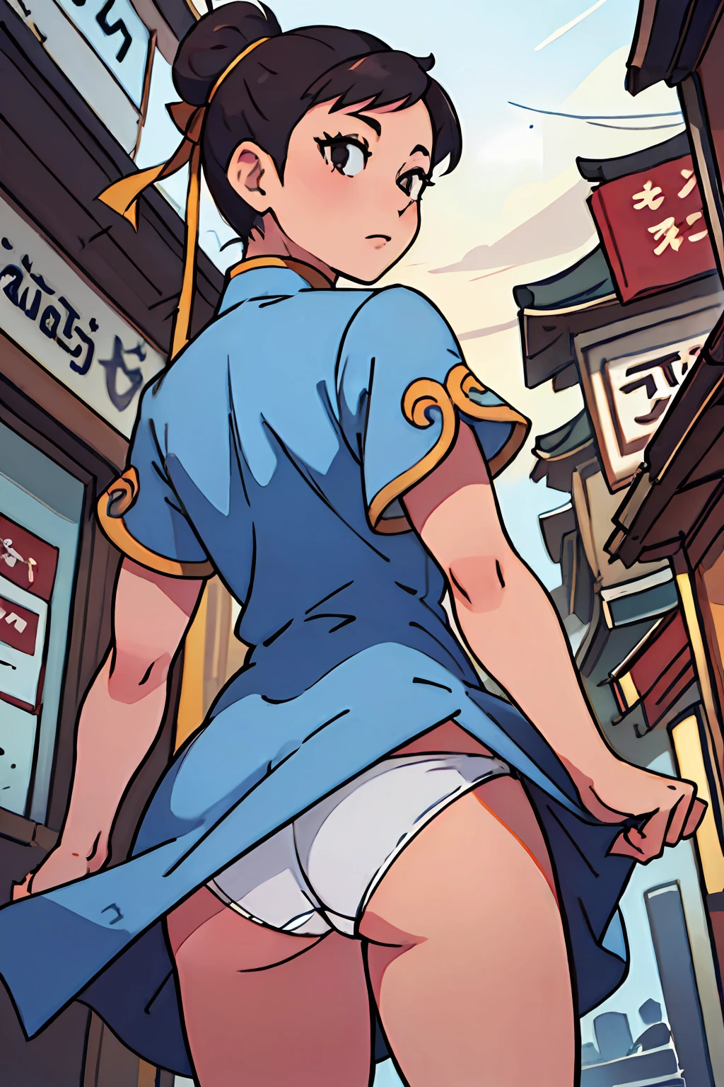 (masterpiece, best quality), perfect anime illustration of a 21yo chun-li, fit, muscles, blue dress, (white panties), skirt lift, upskirt, bottom, from behind, china town street, Detailed illustration, Light, Mannerism Art, Direct light, Depth of field 100mm, Single Color, sfumato, absurdres, trending on artstation, watercolor