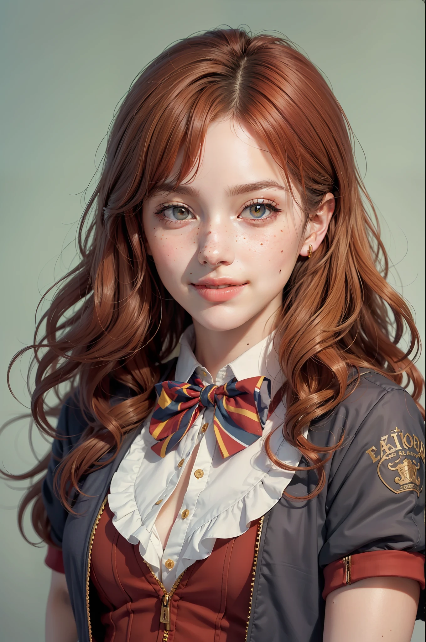 "A charming portrait of a Harry Potter girl in Hogwarts school uniform, with an affable and attractive smile, curly and wavy red hair;. Freckles and pale skin add a lovely touch. Ela usa uma saia e uma capa, olhando diretamente para o espectador."