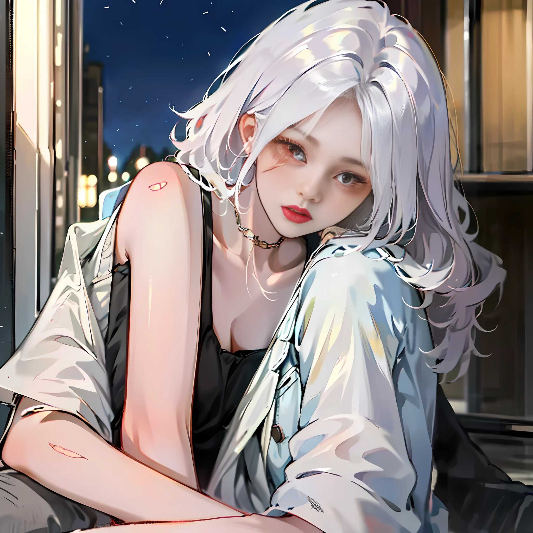 Perfect masterpiece A young girl with short white hair and red pupils,Curl up in the streets and alleys on a rainy night,Covered in scars,With tears,A pistol was tightly held in his hand