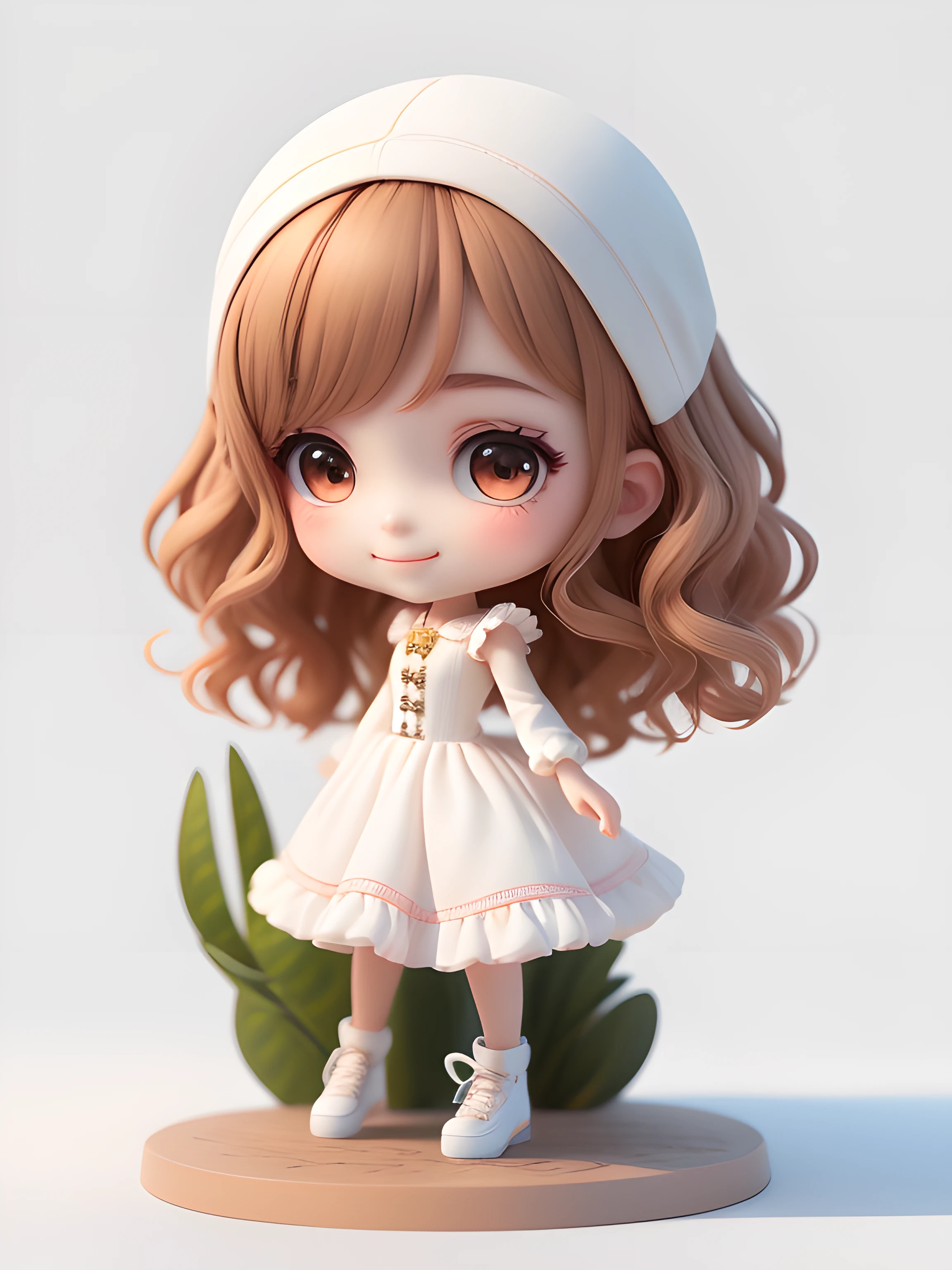 （tmasterpiece），（best qualtiy），（ultra detali），（full bodyesbian），（2.5 head-to-body ratio：1.2）tchibi，adolable，morningglow，White background，the front view，Bokeh，Supersaturation，Color contrast：1.1，hyper realisitc，number art，art  stations，1girll，ssmile，Long brown wavy hair，with brown eye，White dress with ruffles，Exposed shoulder，Blushlush，（Beautiful detailed face），There are shoes for the feet，Set shoes，The character is in the middle of the full frame，