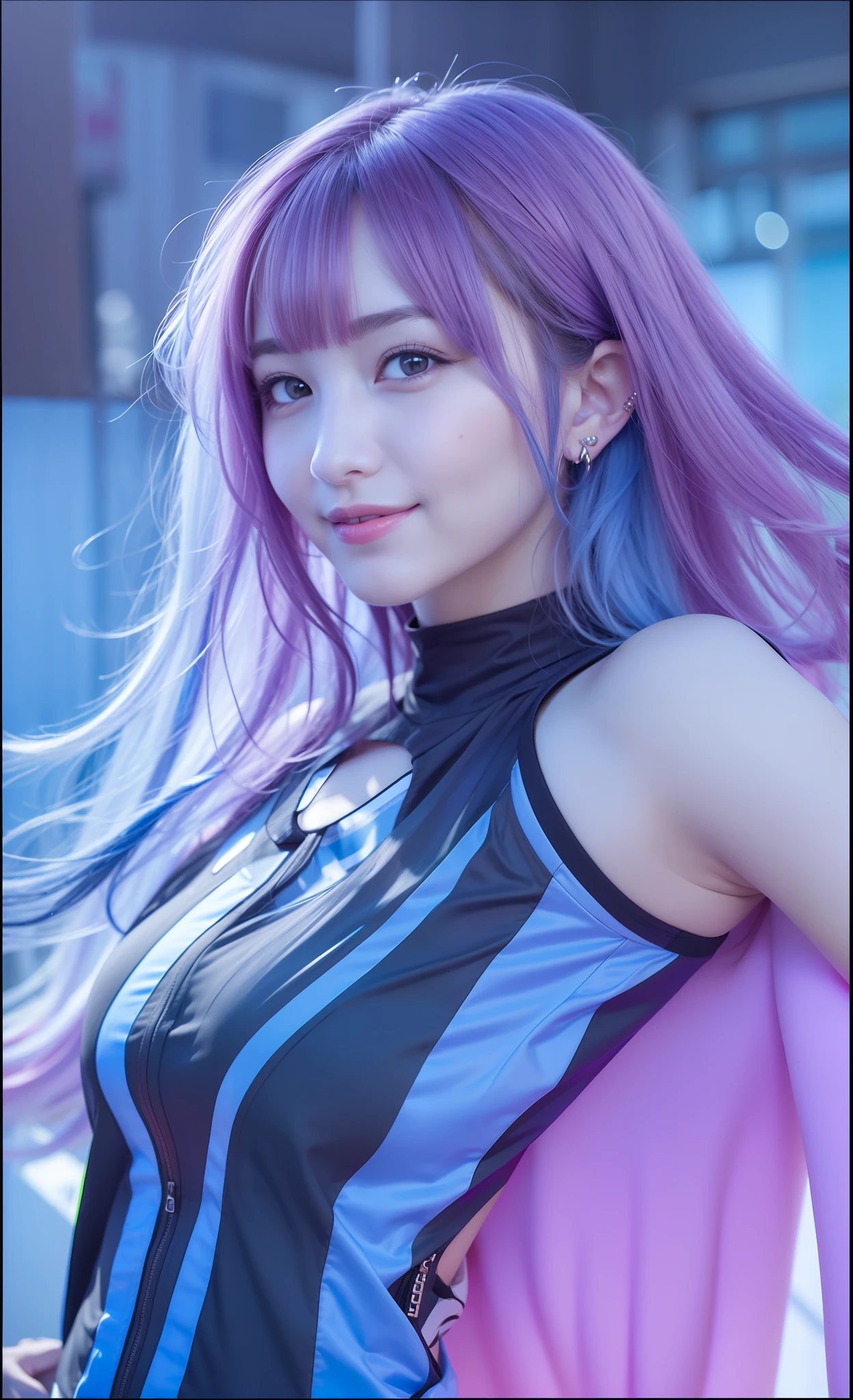 1girl, smile,Blue Hair, realistic