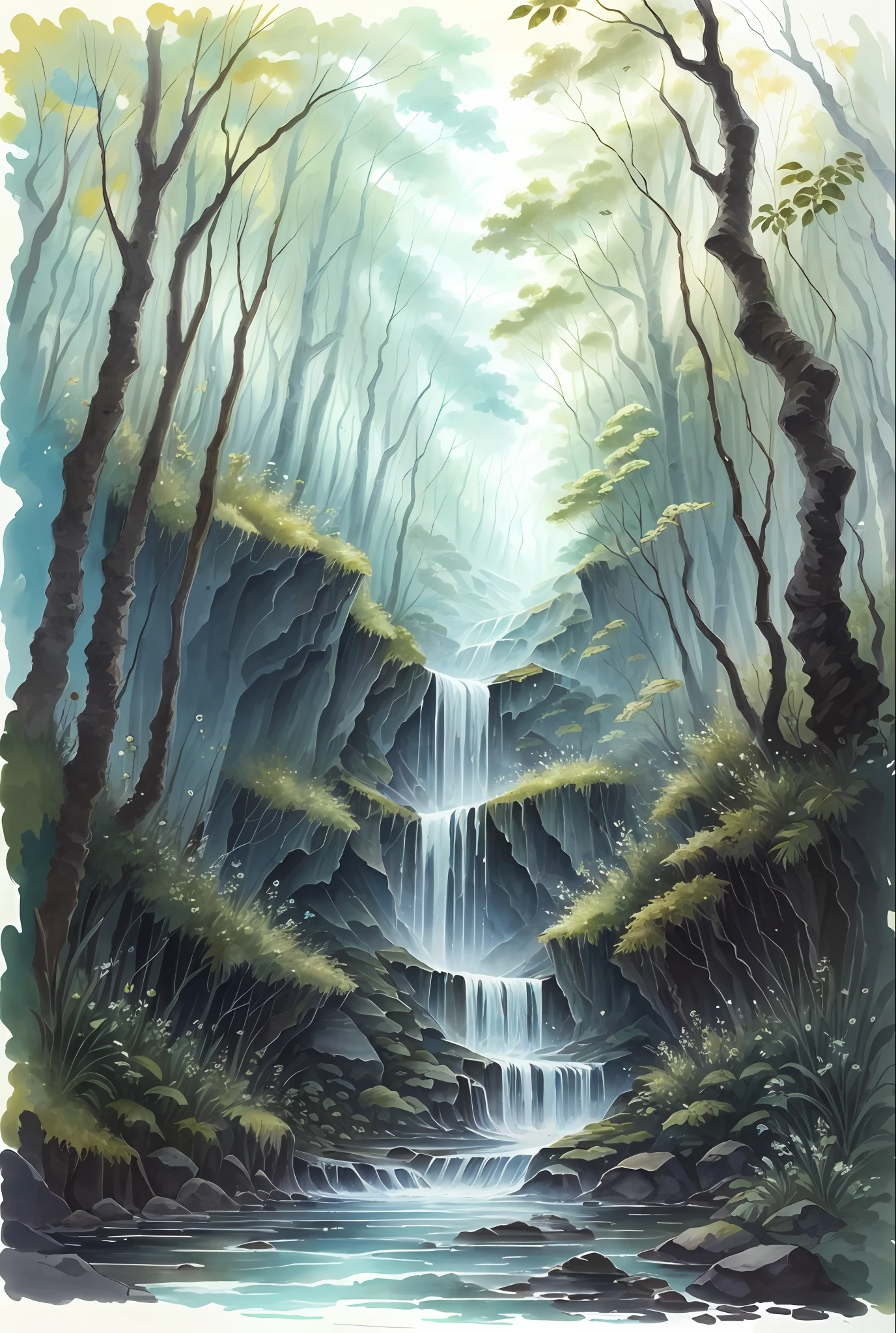 ( acuarela \(Medio\), dibujo, Cascada en la selva