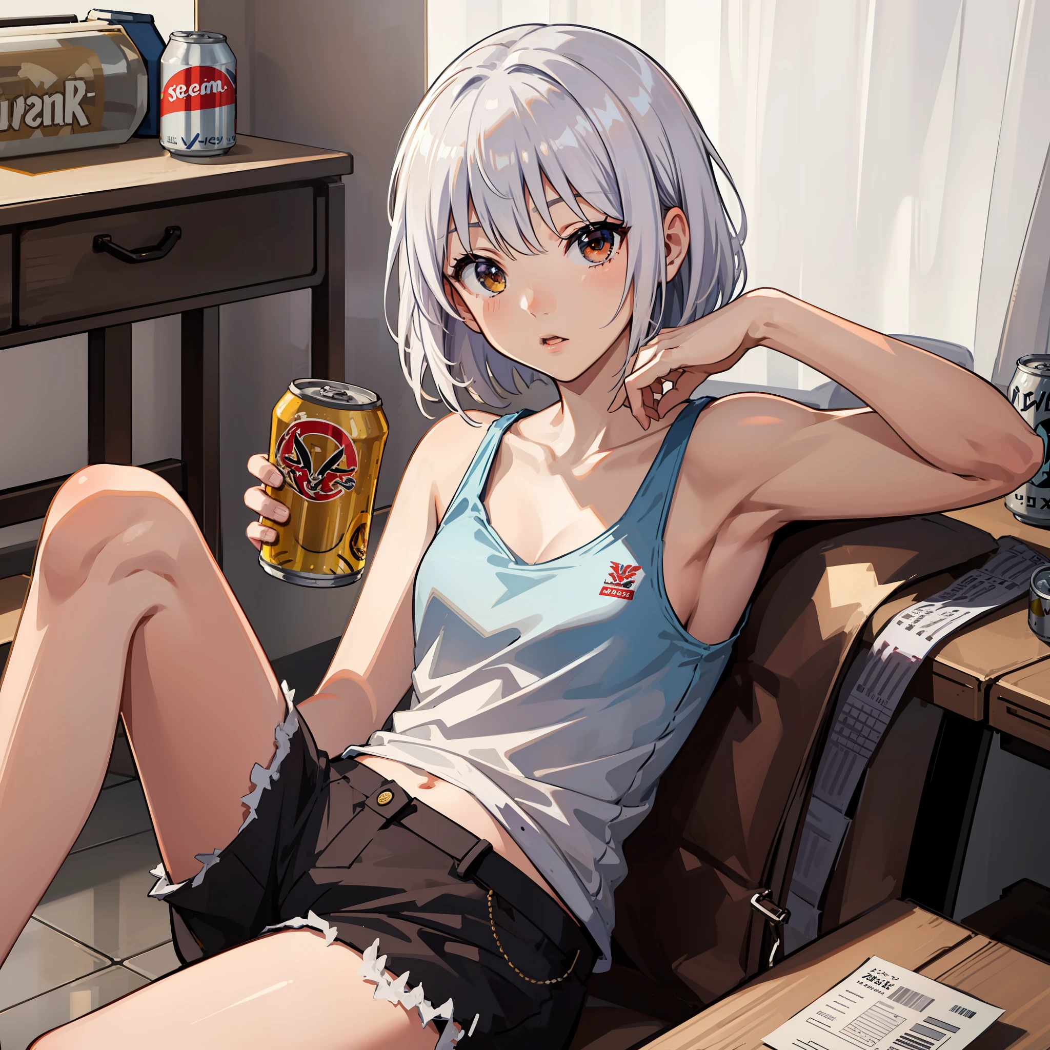 A girl，Day wind，age 22，Flaxen hair，bob-cut hair，with brown eye，white tank tops，Black  shorts，Medium-sized chest，Sit in a chair next to your desk，Reclining against the back of the chair，Drink canned beer，Best quality at best
