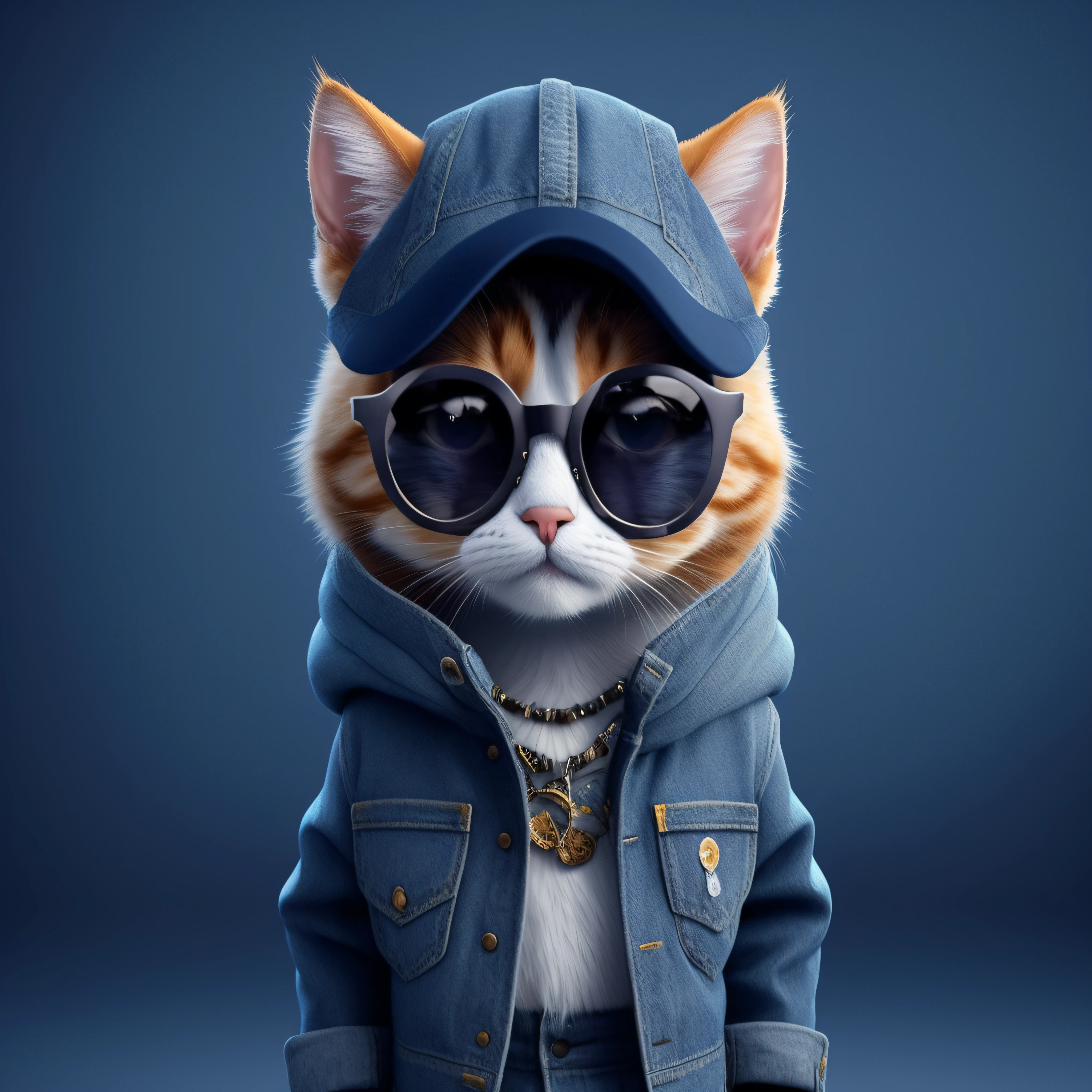 there is a cat wearing a denim jacket and sunglasses, olhando heckin legal e elegante, Fursona usando roupas estilosas, bonito 3 d render, anthropomorphic cat, estilo de arte fotorrealista, em estilo de ultra realista, arte digital bonito, design do gato, painting digital adorable, arte digital detalhada bonito, estilo fotorrealista, Vestido casualmente, arte realista
