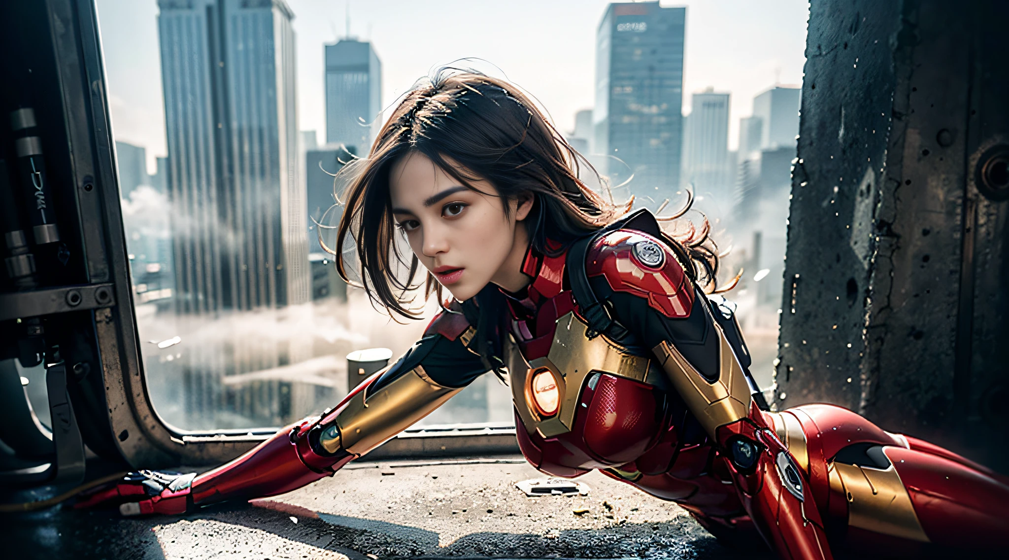 (1girl:1.3), solo,__body-parts__, official art, unity 8k wallpaper, ultra detailed, beautiful and aesthetic, beautiful, masterpiece, best quality, RAW, masterpiece, super fine photo,, best quality, super high Resolution, photorealistic, sunlight, full body portrait, stunningly beautiful,, dynamic pose, delicate face, vibrant eyes, (side view), she is wearing a futuristic Iron Man mech, red and gold, Highly detailed abandoned warehouse background, detailed face, detailed complex busy background, messy, gorgeous, milky, high detailed skin, realistic skin details, visible pores, sharp focus, volumetric fog, 8k uhd, dslr camera, High quality, film grain, fair skin, photorealism, lomography, sprawling metropolis in a futuristic dystopia, view from below, translucent