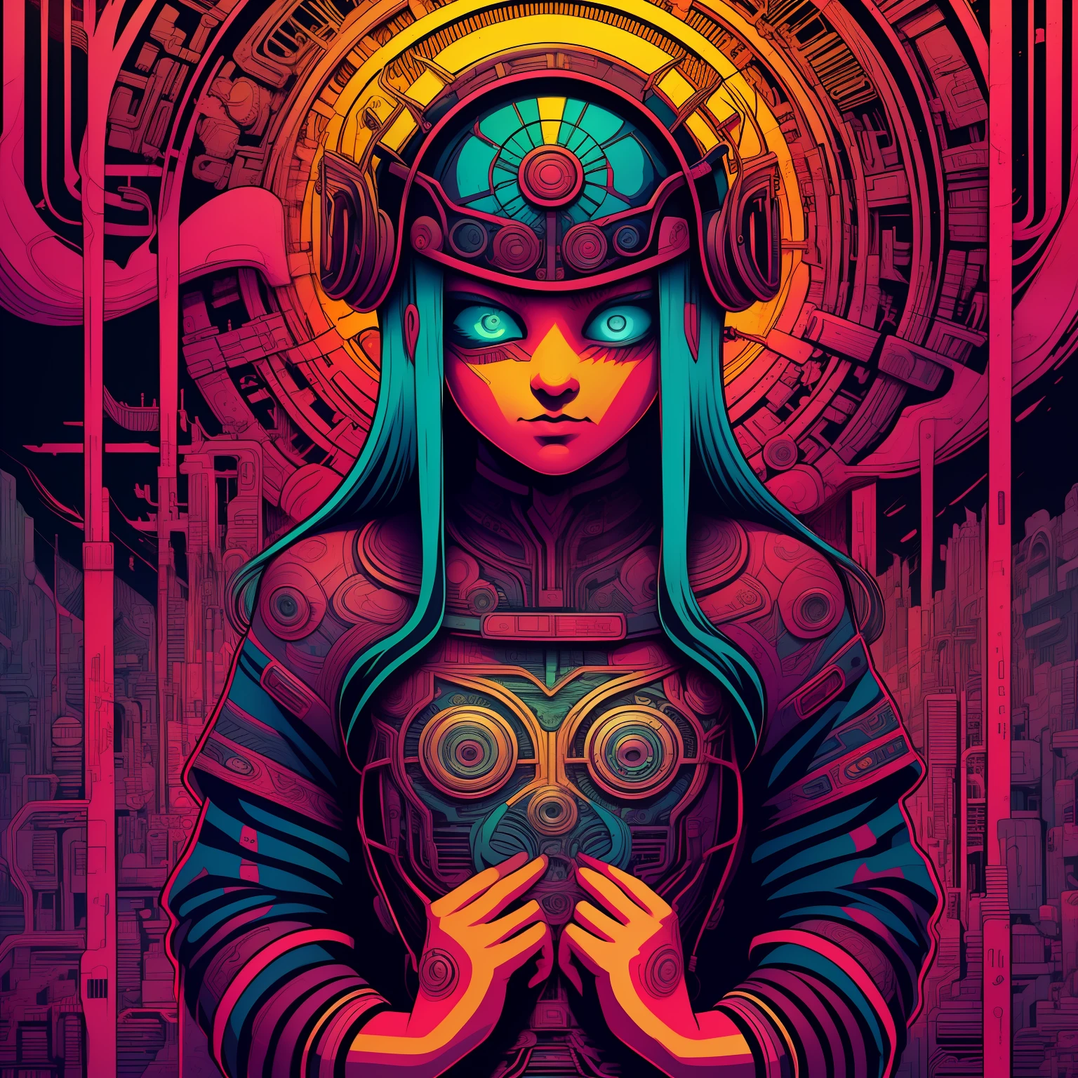 SAD GIRL ilustration, extremely bold outline, flash, tribal, hacking culture cyberpunk background, whimsical and creativity, vibrant color, acrylic illustration, pixiv, 12K, very best quality, hyper detailed, +4 different characters but the same styling,