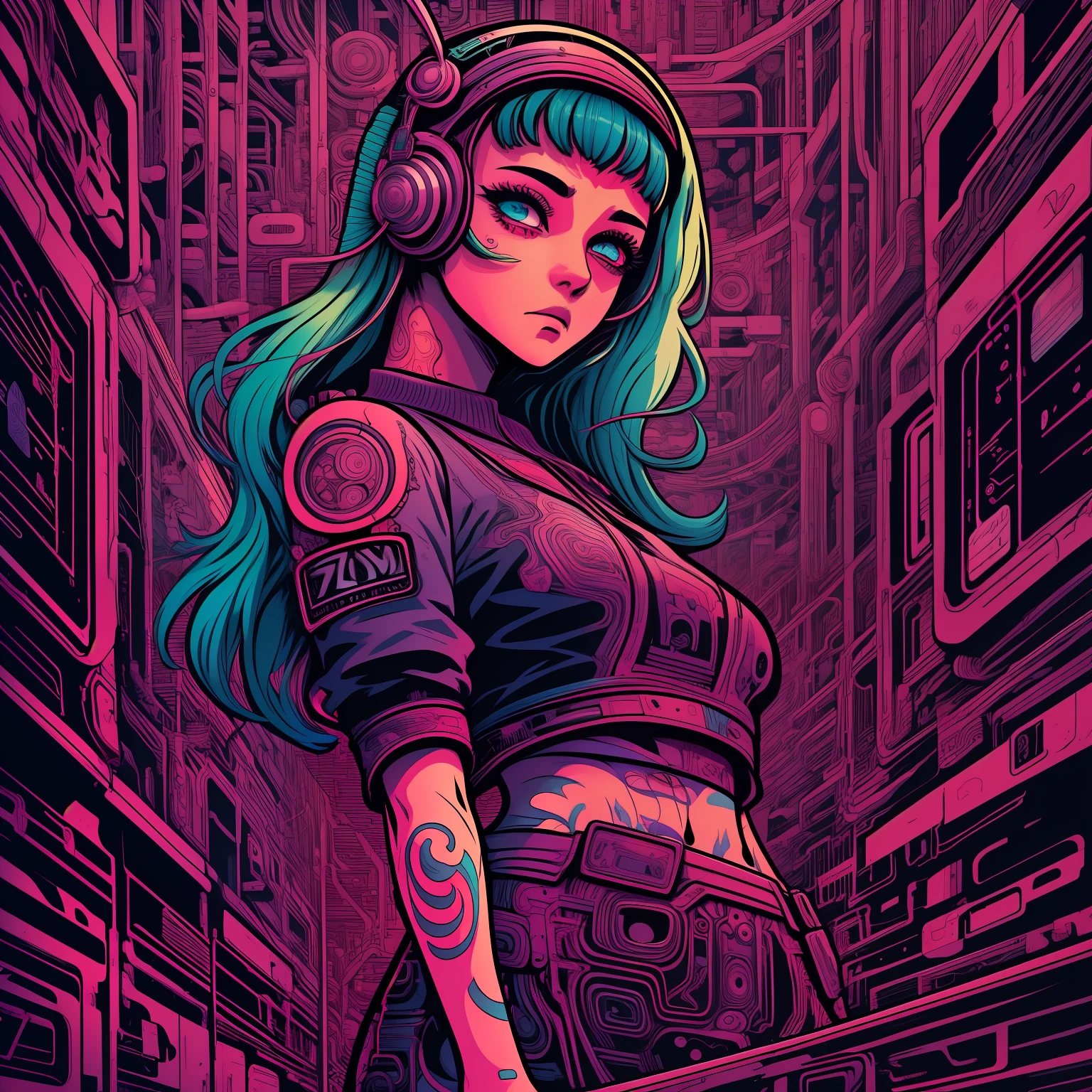 SAD GIRL ilustration, extremely bold outline, flash,  tribal, hacking culture cyberpunk background, whimsical and creativity, vibrant color, acrylic illustration, pixiv, 12K, very best quality, hyper detailed, +4 different characters but the same styling,