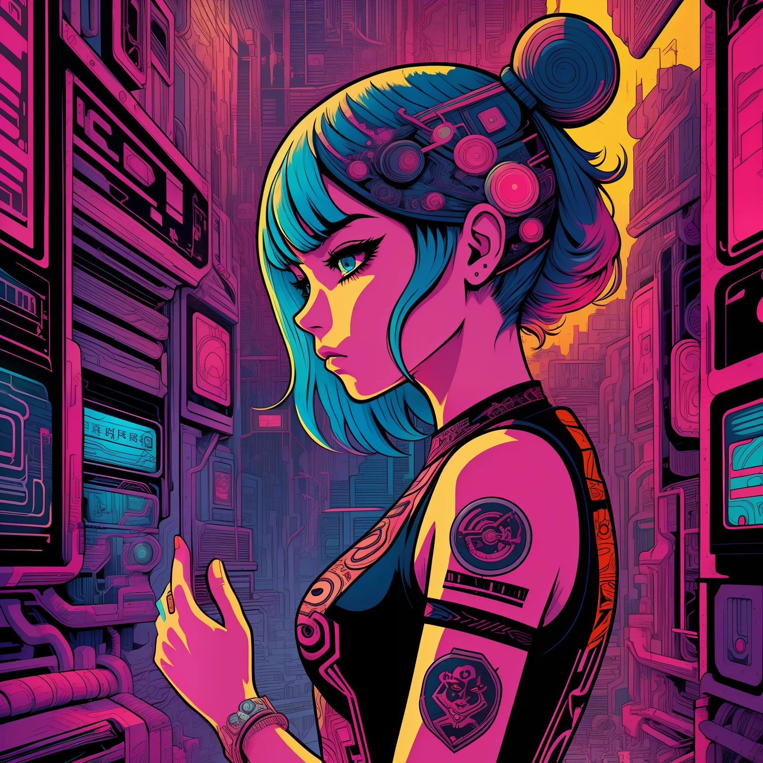 SAD GIRL ilustration, extremely bold outline, flash,  tribal, hacking culture cyberpunk background, whimsical and creativity, vibrant color, acrylic illustration, pixiv, 12K, very best quality, hyper detailed, +4 different characters but the same styling,