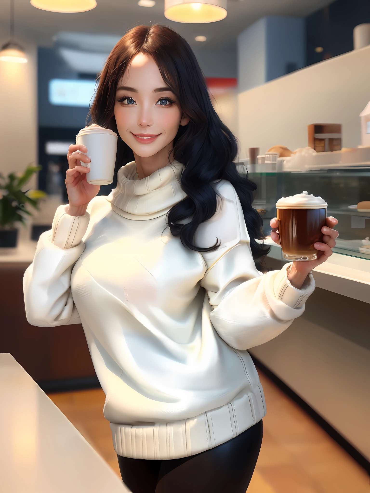 (masterpiece, best quality:1.4), (modern days), (cowboy shot), 1girl, solo, pov, sfw, stunning girlfriend, (standing:1.1), dynamic pose, (white oversized sweater, knit sweater:1.4), (Tight Yoga Pants,Dark gray yoga pants:1.4),(Navy blue short jacket,jean jacket:1.4),long Brond Hair,By bangs,heart - shaped face,Elegant face,beauitful face,High detail face,Highly detailed skin,skin pore,sub surface scattering,(Blue eye details),realistic pupil,crisp breasts,A loving smile,looking at viewert,full blush,'s plump lips,holding a single coffee cup,at centre,coffee shop in background,urban street,Sunnyday, winds, detailed back ground, depth of fields, atmosphric perspective, Volumetriclighting, Clear focus, absurd res, Realistic proportions, Good anatomy, (realisticlying, Hyper-realistic:1.4), 16k hdr,Pussy
