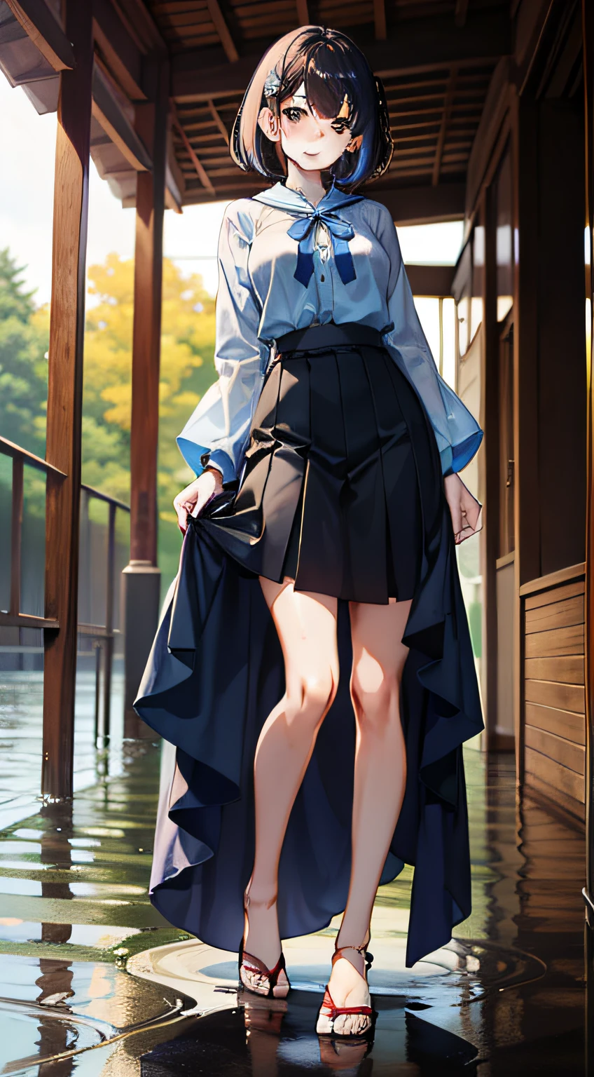 japanaese girl、a 18 year old girl、Pull Shorthair、bangss、Brown-eyed、Perfect figure、Transparency、The sheen、Gloss、modest breasts、校服、Navy blue ribbon、Light blue shirt、Navy blue skirt、Hikaru、Burning Body、Beautiful feet、Strong sunshine、Odious、Rain-drenched body、