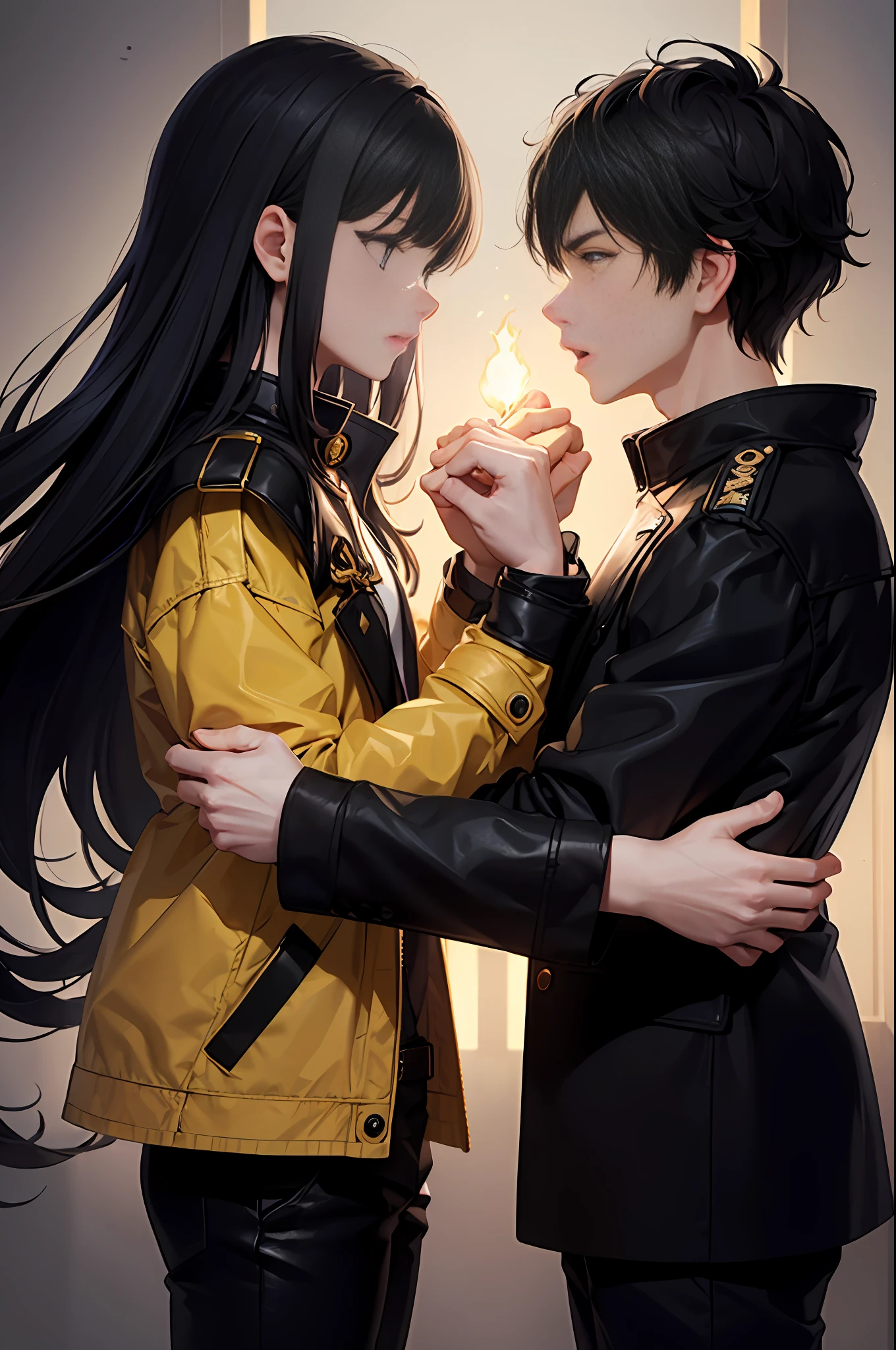 The black-haired boy wears a gray inner lining and a bright yellow coat,A spell with a flashing blue electric light was sandwiched between two fingers,Fight against the Men in Black