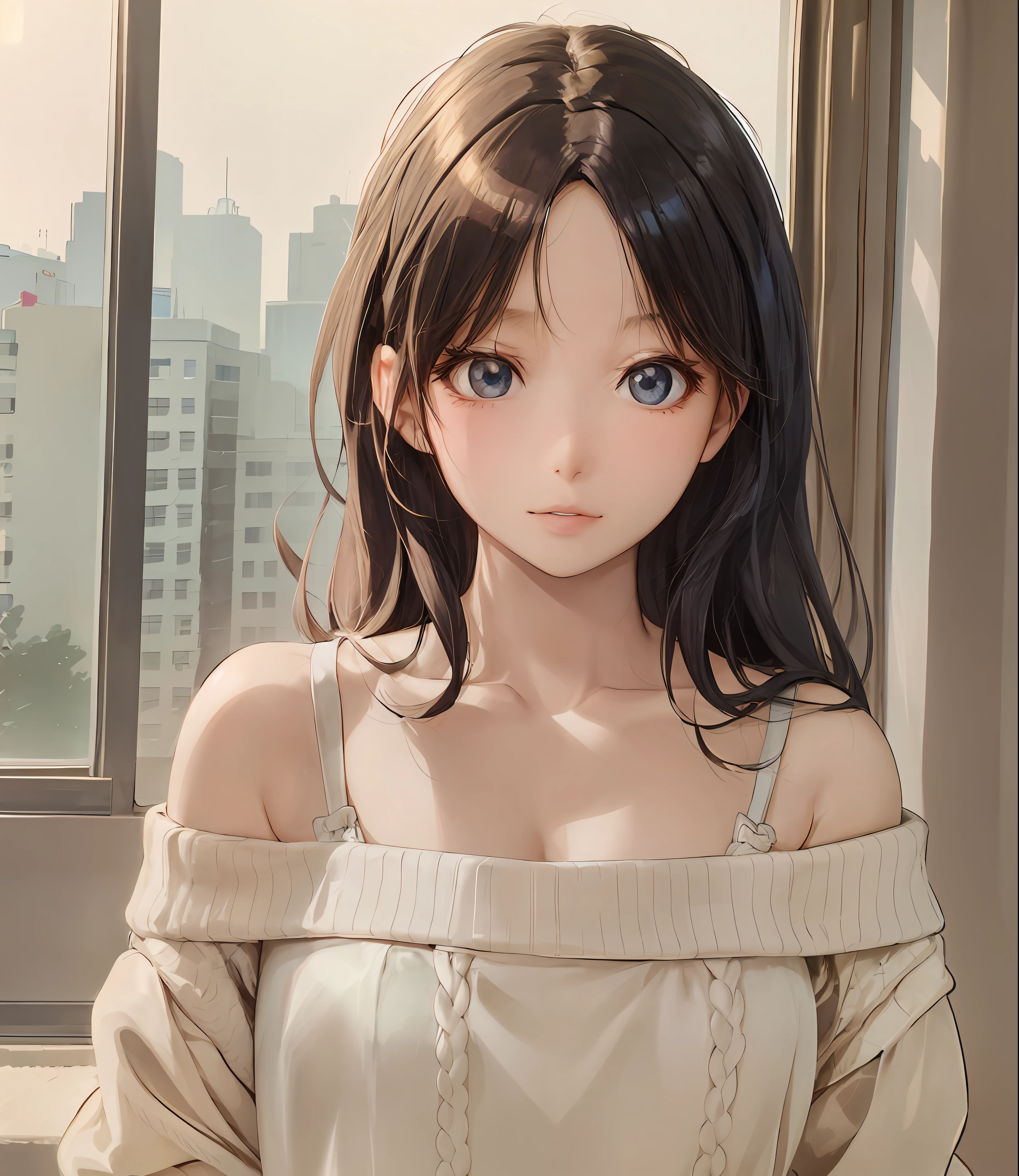 anime girl with long hair and a sweater looking out a window, beautiful anime girl, ilya kuvshinov. 4 k, portrait anime girl, attractive anime girl, anime style 4 k, beautiful anime portrait, beautiful anime woman, anime style. 8k, anime girl, ilya kuvshinov with long hair, seductive anime girl