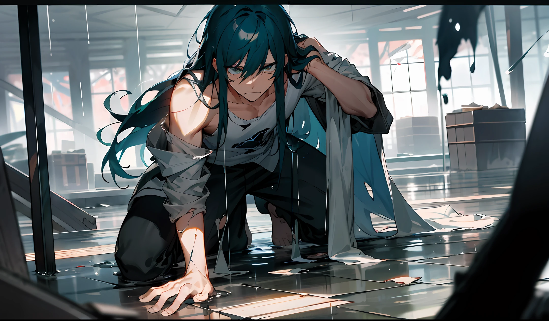 Best Quality, Masterpiece, Ultra High Resolution, (Fidelity: 1.4), Photos, 1 Handsome Long Hair (((Boy)))), Dim, Darkness, Lightning, Despair, Pathese, Movie, Tears, Teardrops, ((Men)), (Torn Clothes: 1.5), (Wet Clothes: 1.4), Kneeling on the Ground, Saving Yourself, Biting Lower Lip, Bare Shoulders, Real Rain, Wet Hair, (((Men)))