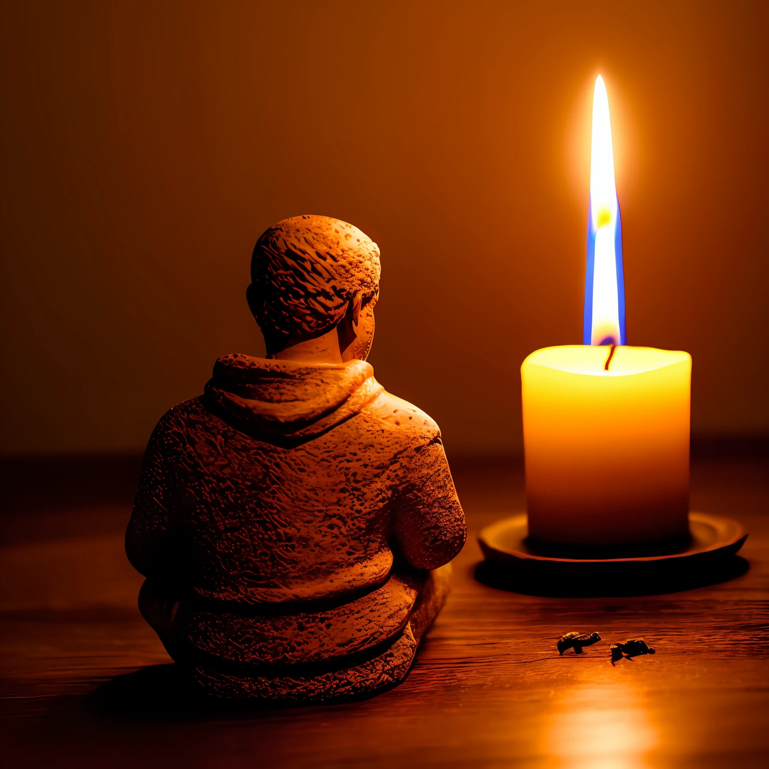 a serene candlelit room adorned with ancient scriptures and religious artifacts, a contemplative atmosphere, with a solitary figure sitting in deep reflection, the soft glow illuminating their face and highlighting the wisdom and introspection, Sculpture, using clay and bronze to create a textured and lifelike representation, --ar 1:1 --v 5 --auto