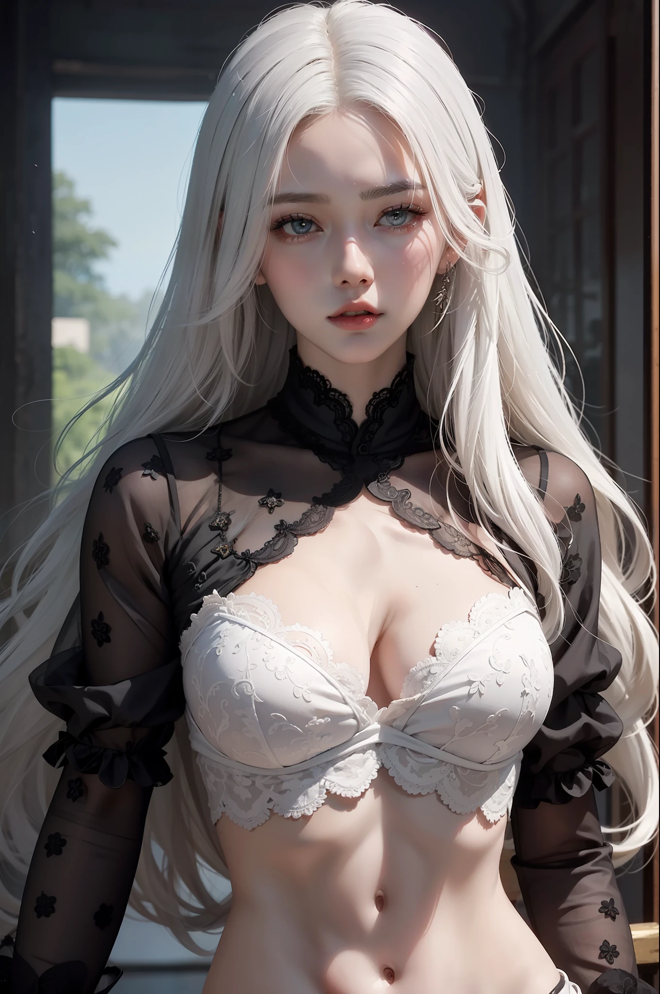 Close-up of a sexy woman with white hair,Lace transparent,Superb body,Belle peinture de personnage,Guviz,Guviz-style artwork,white-haired god,Yang J,Epic and beautiful character art,Stunning character art,FAN Qi,Wu Zhun Shifan,Guvitz at the Pixiv Art Station