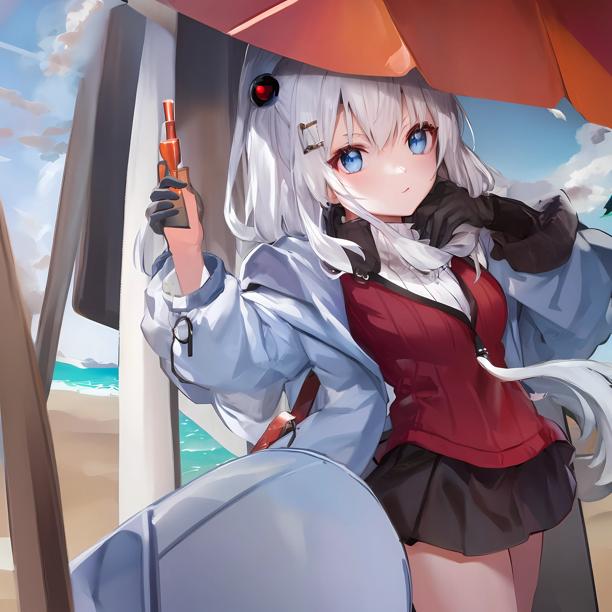 beach moon girl white hair blue eyes dress look up
