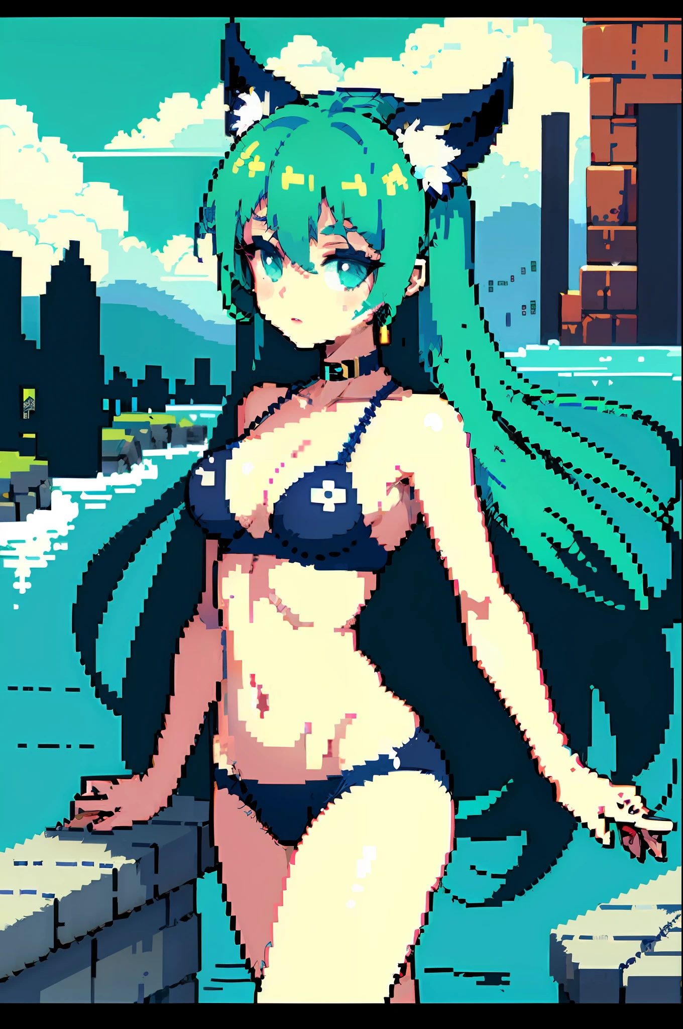 （tmasterpiece，top Quority，best qualtiy），pix，pixelart，1girl，full bodyesbian，hatsune，swim wears，saberface