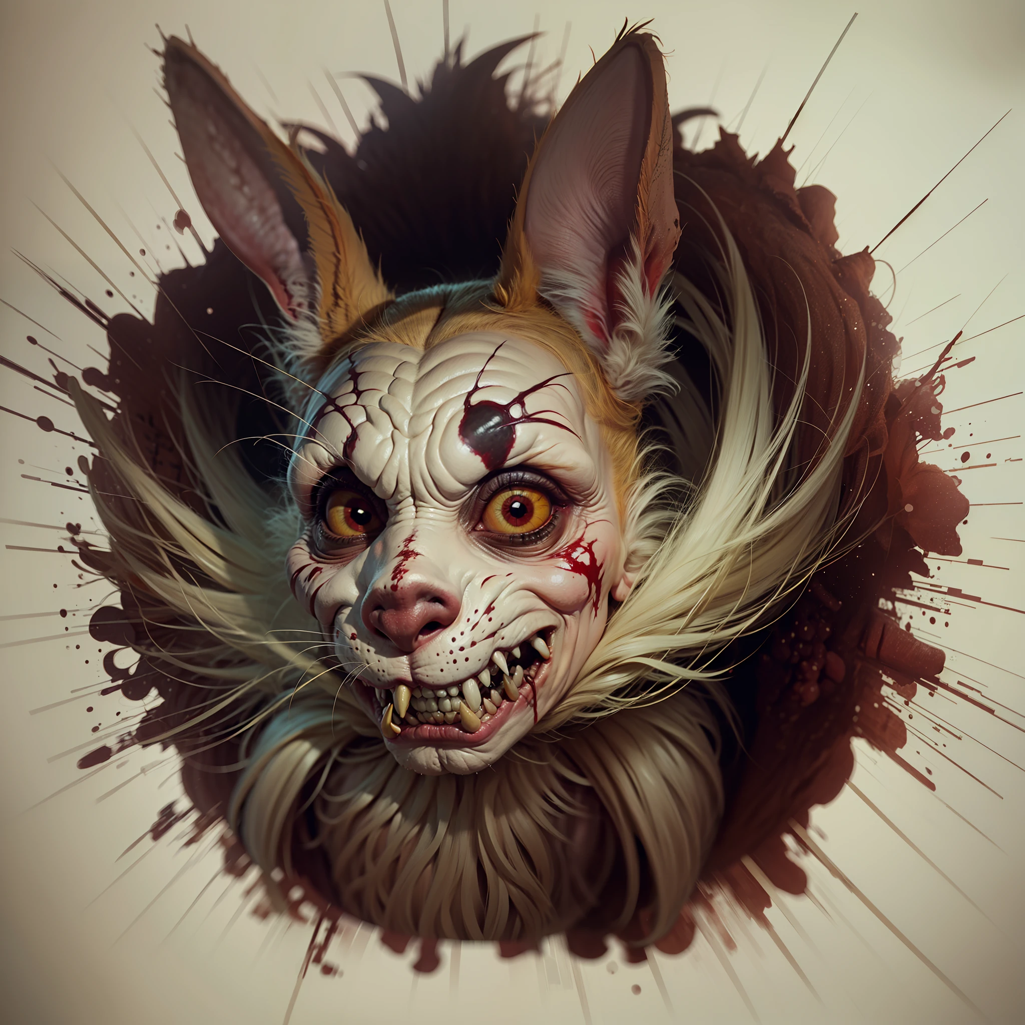 horror movie rabbit, pointy teeth and bloodstains on the fur, scary face full of hate