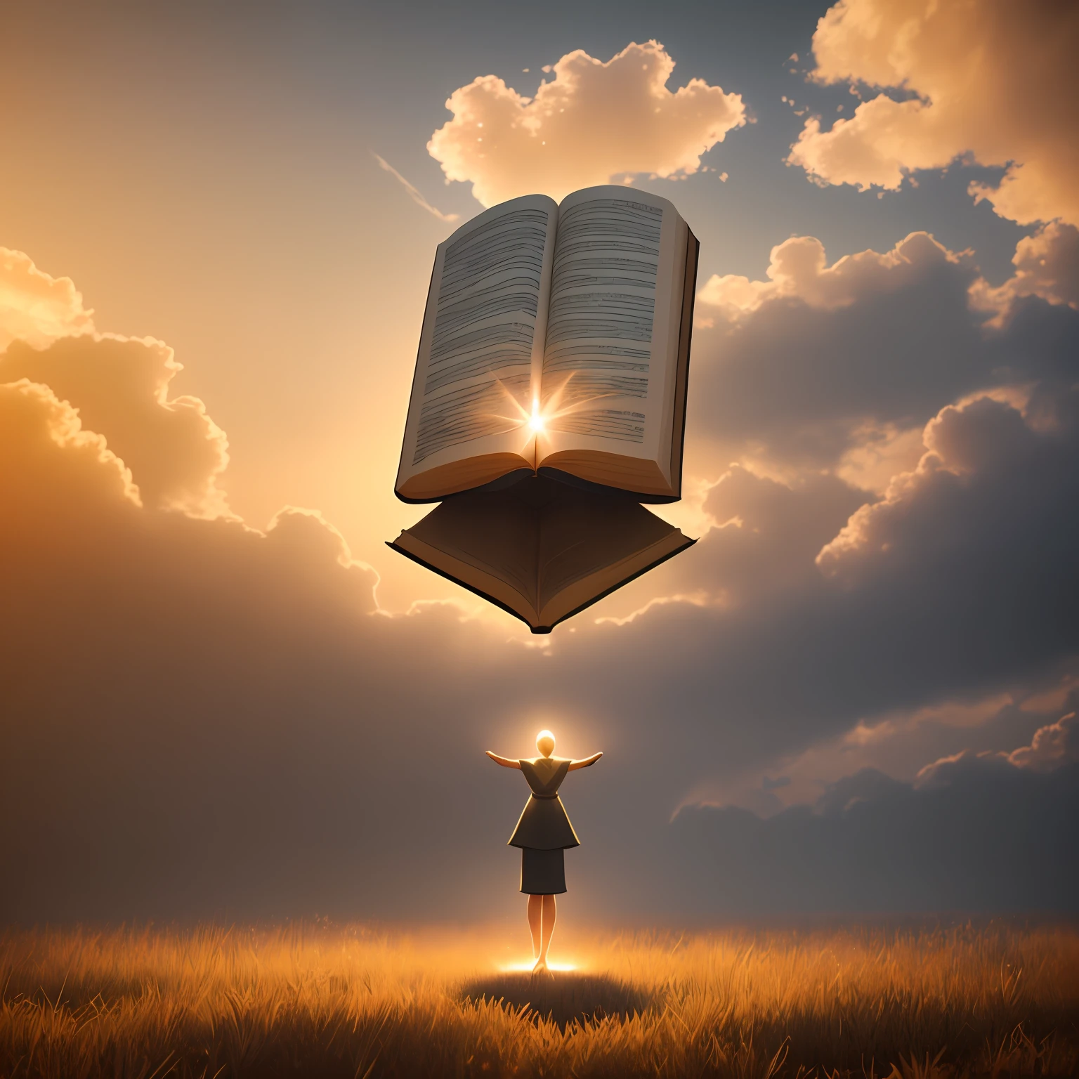 A mystical Bible levitating in a serene celestial realm, surrounded by ethereal wisps of clouds and shimmering golden light, conveying a sense of transcendence and divine presence, 3D rendering, realistic materials and lighting, --ar 16:9 --v 5 --auto