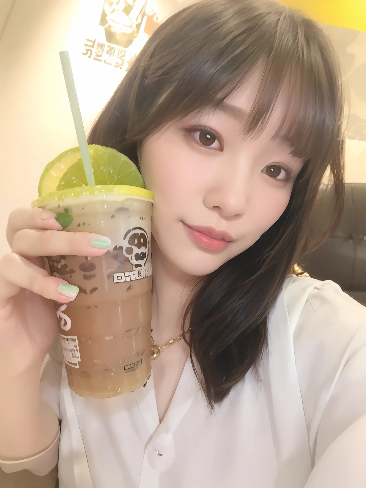 there is a woman holding a cup of coffee and a drink, drink boba tea, holding a boba milky oolong tea, colored milk tea, xintong chen, ulzzangs, drink, shaxi, drinking a strawberry iced latte, 🍸🍋, chengyou liu, loputyn and matcha, heonhwa choe, 🐿🍸🍋