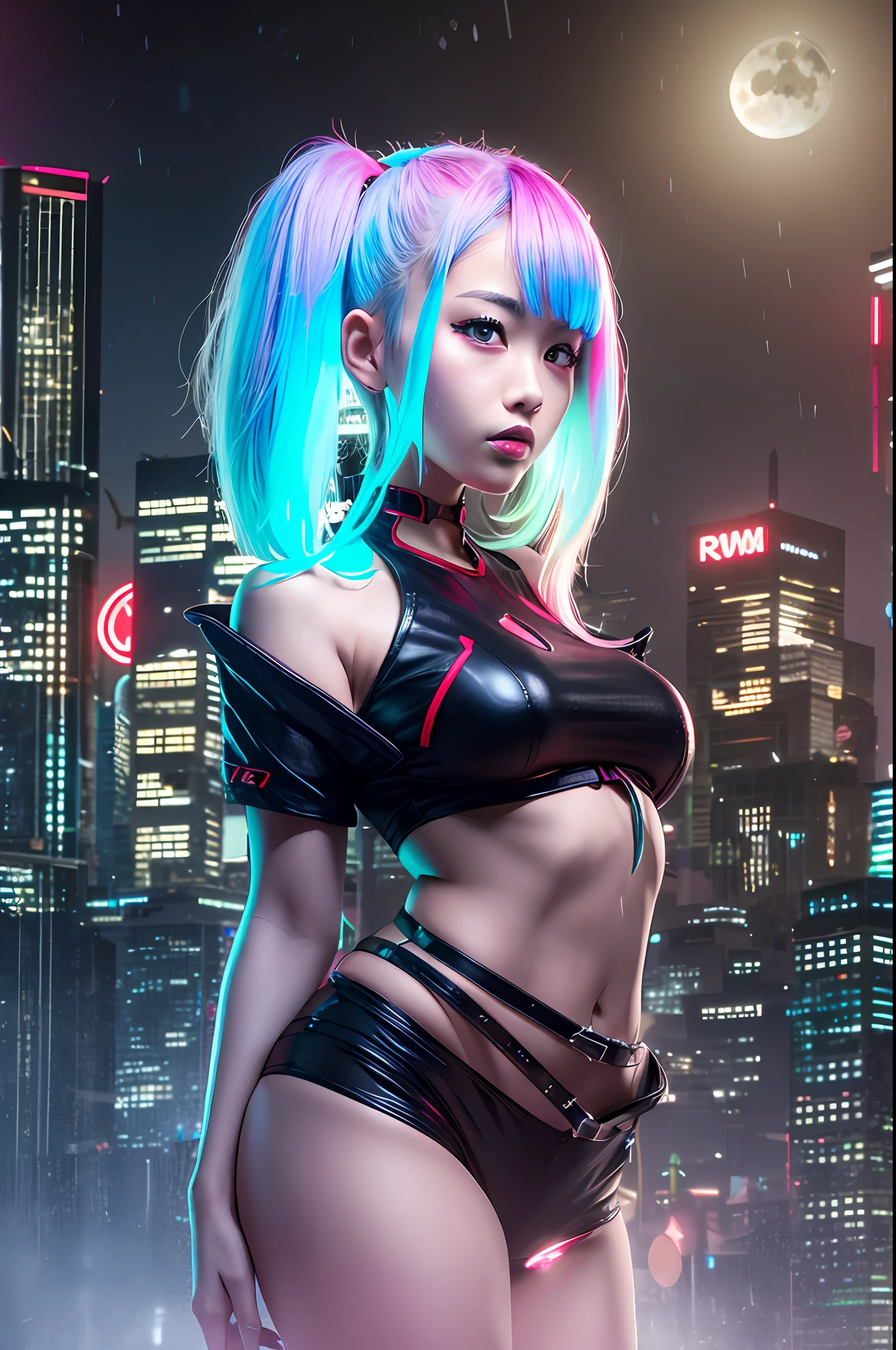 Lucy (Cyberpunk), 1 Japanese girl, hair tightening, Hime cut, silver hair, colored tips, full moon, gray eyes, jacket, short sleeves, looking at the audience, medium hair, multicolored hair, parted bangs, parted lips, red hair, full body, red eyeliner, red lips, solo, green jacket, cyberpunk \ (series), rainy night in cyberpunk city with glowing neon lights, huge breasts, 8k,