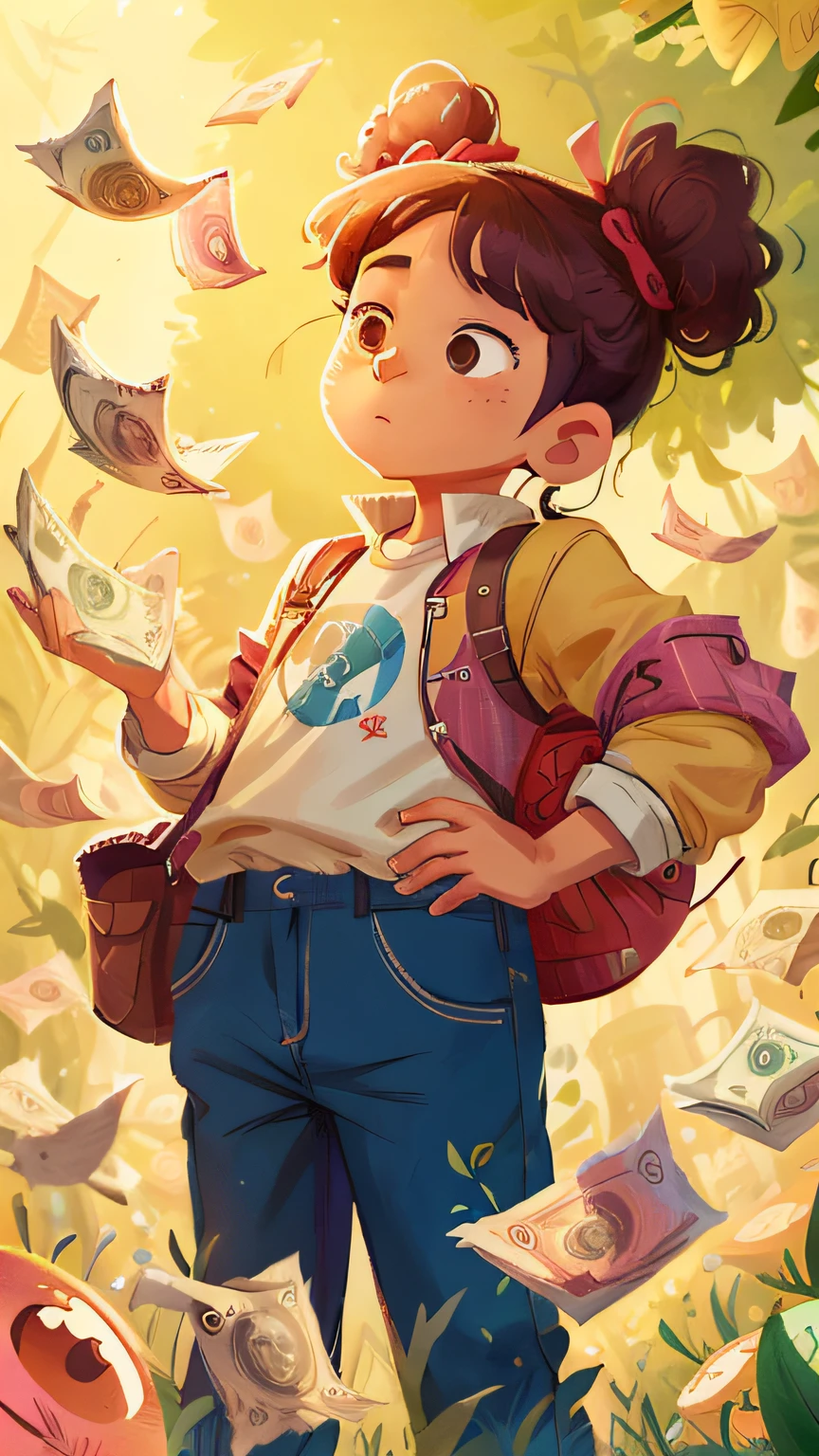 cartoon girl with a backpack and a lot of money in her hand, childrens art in artstation, ross tran style, by Ryan Yee, cyril rolando and goro fujita, ross tran 8 k, artgerm and atey ghailan, in the style of ross tran, inspired by Ross Tran, in the style of sachin teng