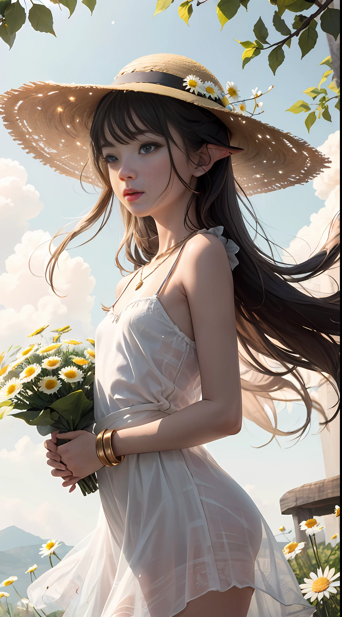 (鎖骨:1.331),(camisole:1.21),In the forest,Sunlight shines through gaps in the leaves,a woman in a floral dress and straw hat standing on a tree brancha,Woman in white dress holding a bouquet of daisies,It has antlers on its head,Leprechaun pointed ears,a stock photo by Oleg Oprisco,Pinterest,art photography,Made from flowers,the soft light,winsome,intimate but not tight,The cuffs are decorated with light gold lines, People can't help but think of the stars twinkling in the starry sky, Wearing a necklace made of sapphire and gold,Set with a small crystal ball,There are some little sparkling stars floating in the ball,Summon lightning、balls of fire、